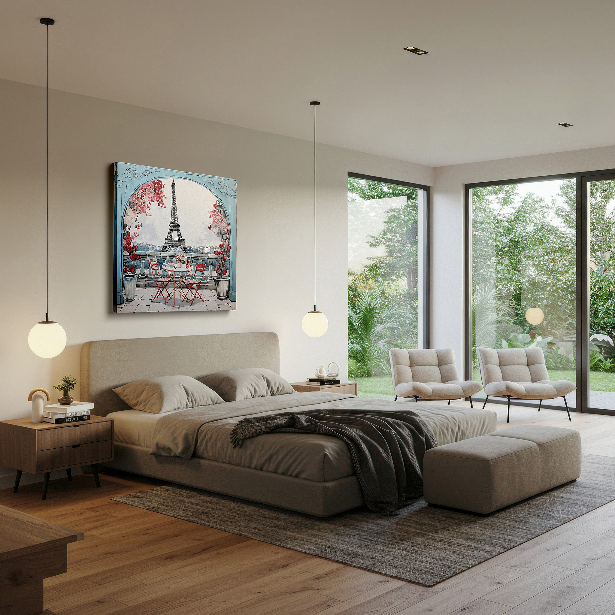 Gently illuminated by ambient lighting in an entryway — parisian charm: lively café and eiffel tower wall art, canvas decor for home and office