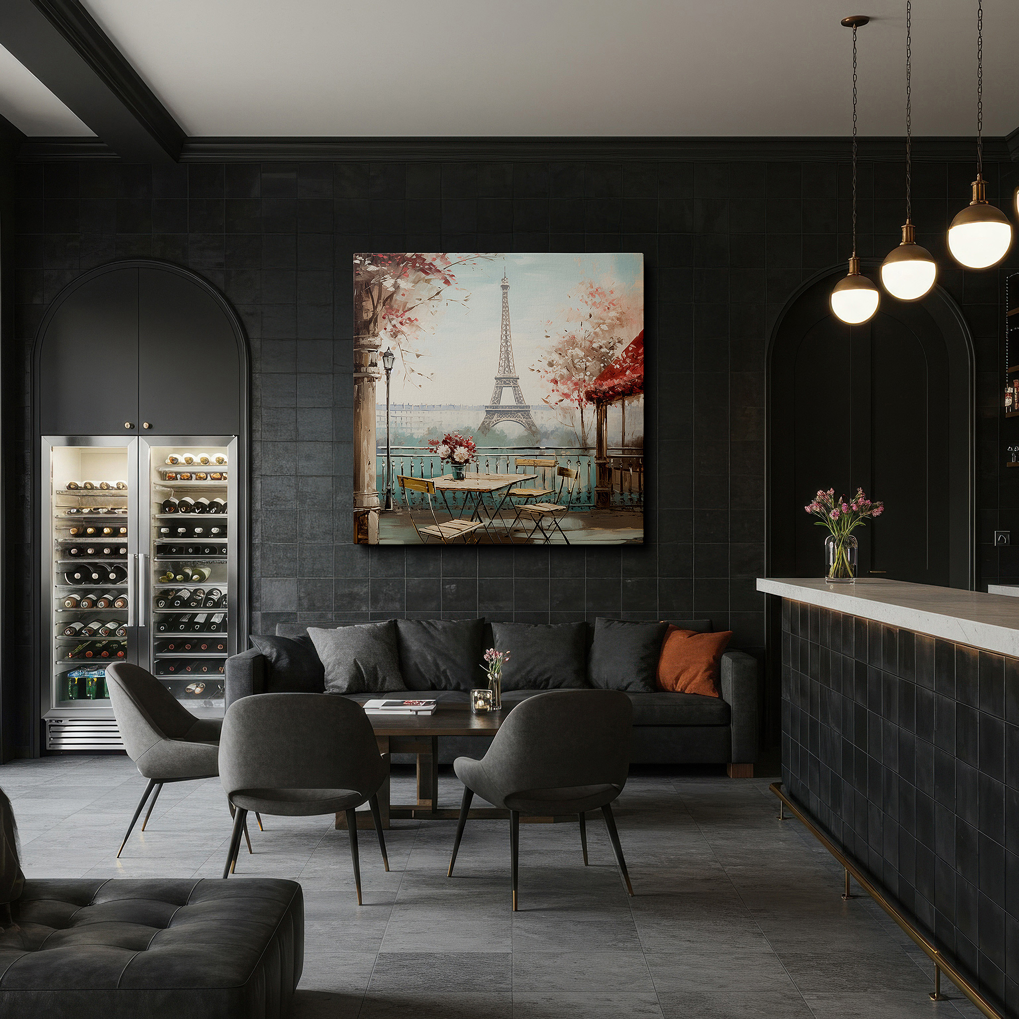 Gently illuminated by ambient lighting in an entryway — parisian elegance wall art featuring a floral balcony and eiffel tower view, ideal for office, bedroom, and living room decor