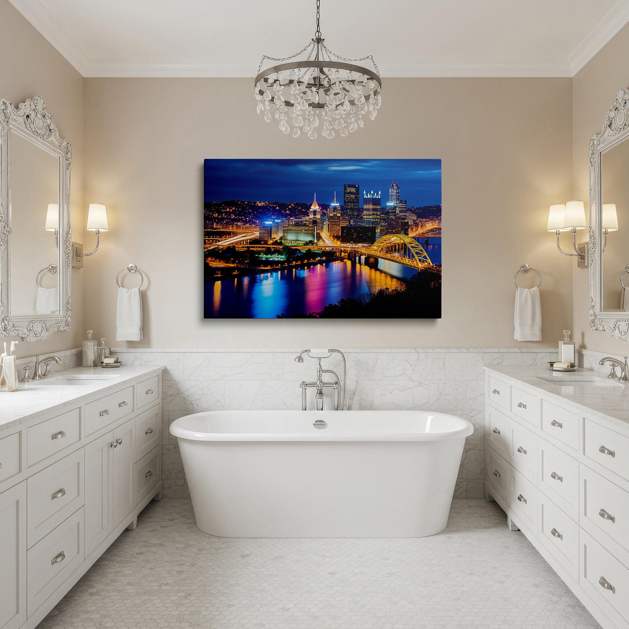 Gently illuminated by ambient lighting in an entryway — pittsburgh skyline at dusk: a vibrant blend of city buzz and peaceful nature - large wall art, canvas wall art, wall decor for office