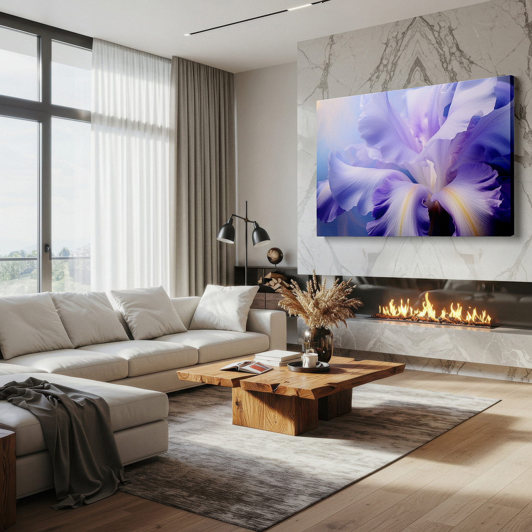 Gently illuminated by ambient lighting in an entryway — purple iris close-up: serene masterpiece for tranquil spaces - large canvas wall art ideal for office and bedroom decor