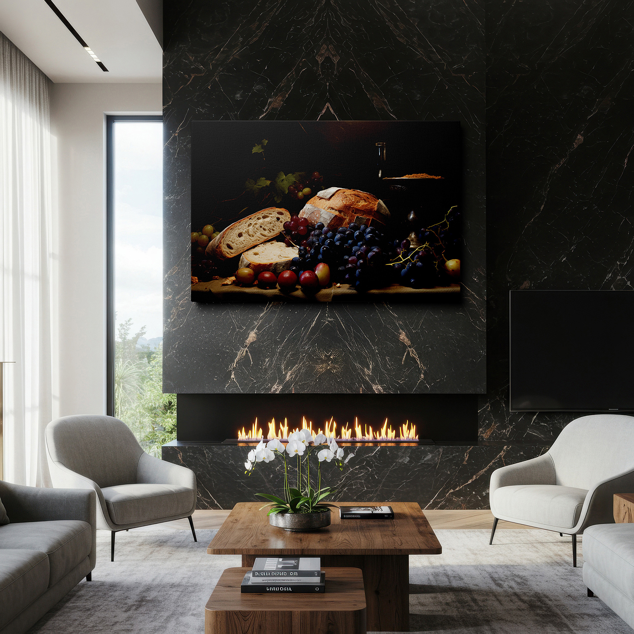 Gently illuminated by ambient lighting in an entryway — rustic culinary wall art featuring fresh bread, vibrant grapes, and wine, symbolizing warmth and abundance - large canvas wall art for home and office decor