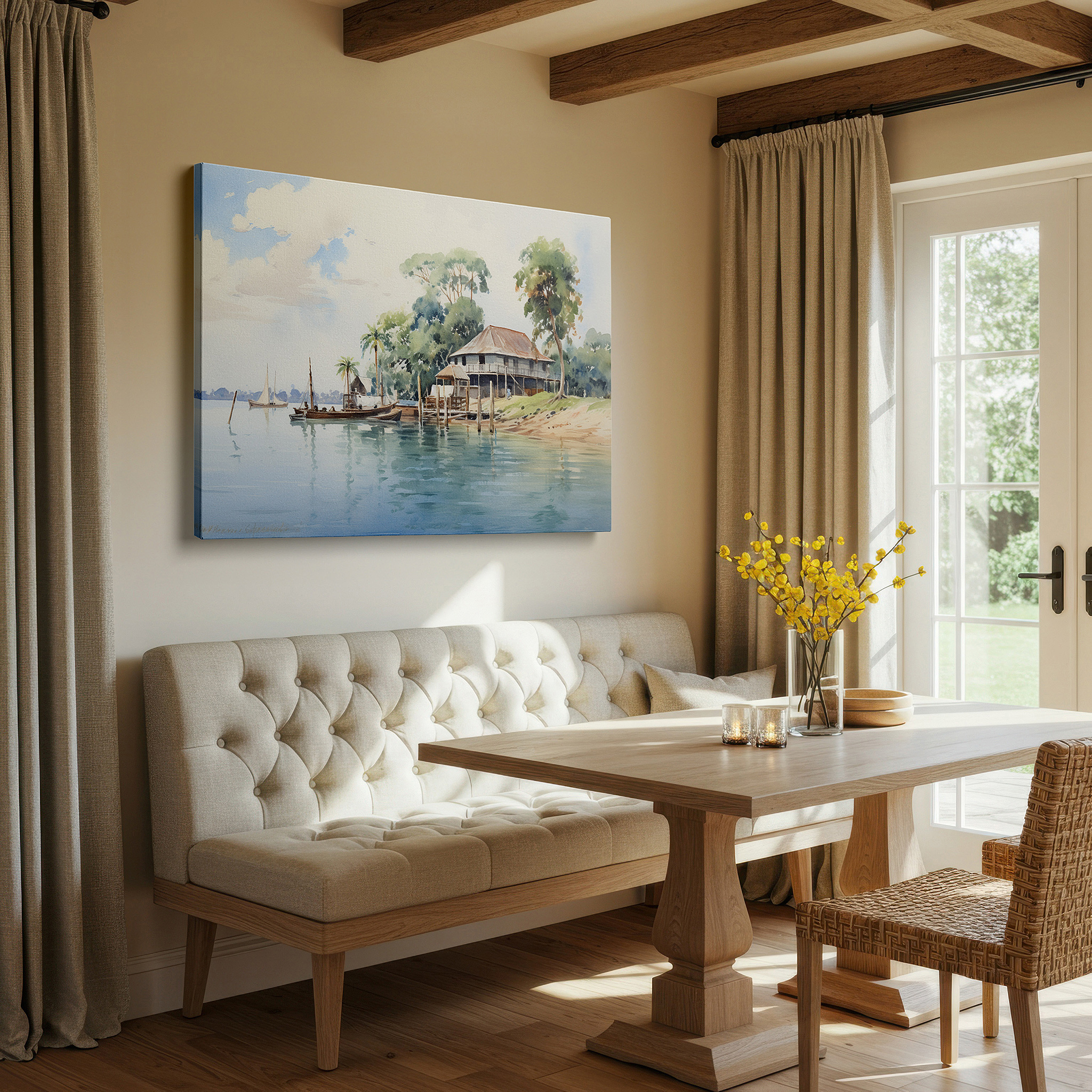Gently illuminated by ambient lighting in an entryway — rustic lakeside retreat wall art featuring tranquil house and reflective waters - large canvas for office, bedroom, and home decor