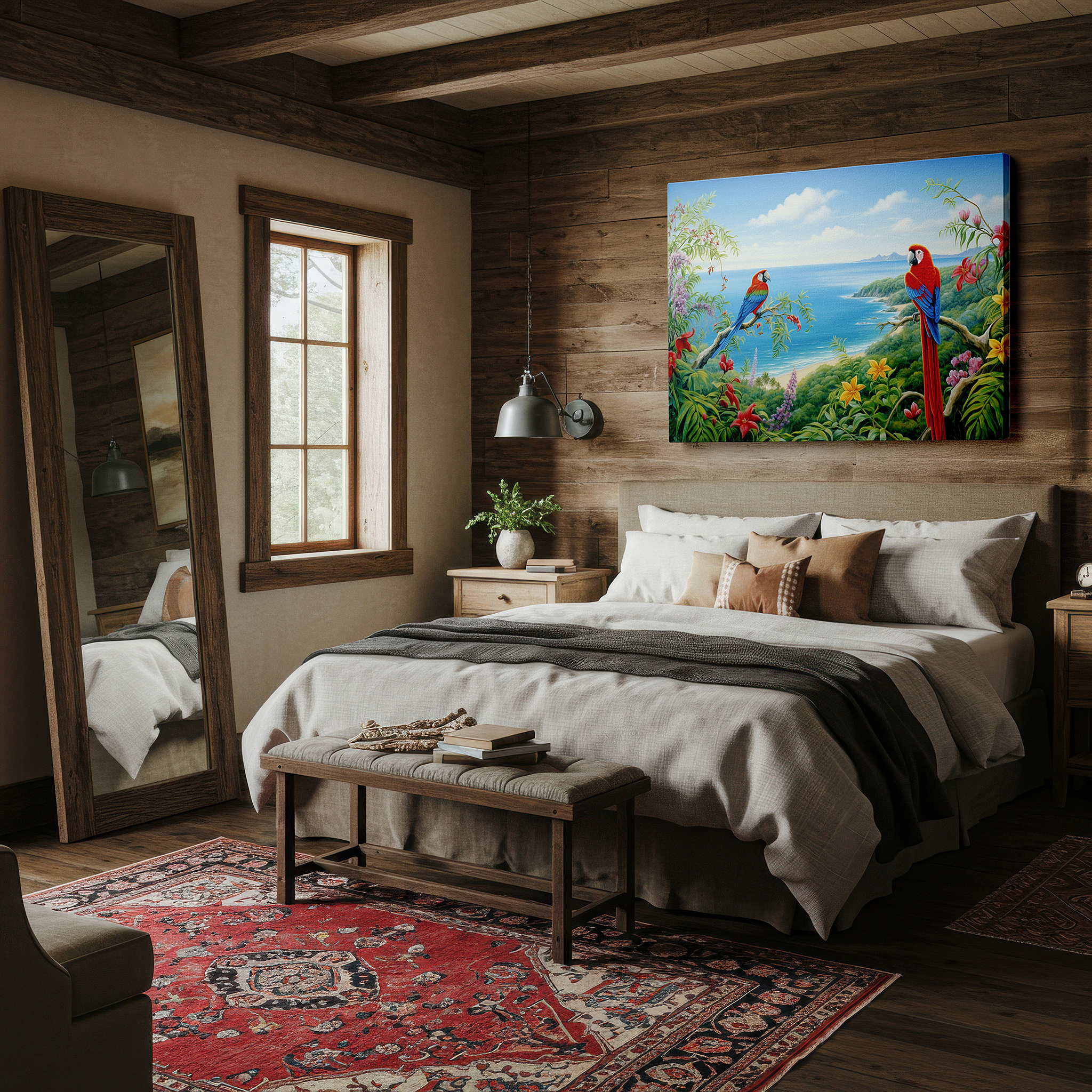 Gently illuminated by ambient lighting in an entryway — scarlet macaws in tropical paradise: large canvas wall art featuring lush foliage and serene ocean backdrop for office decor