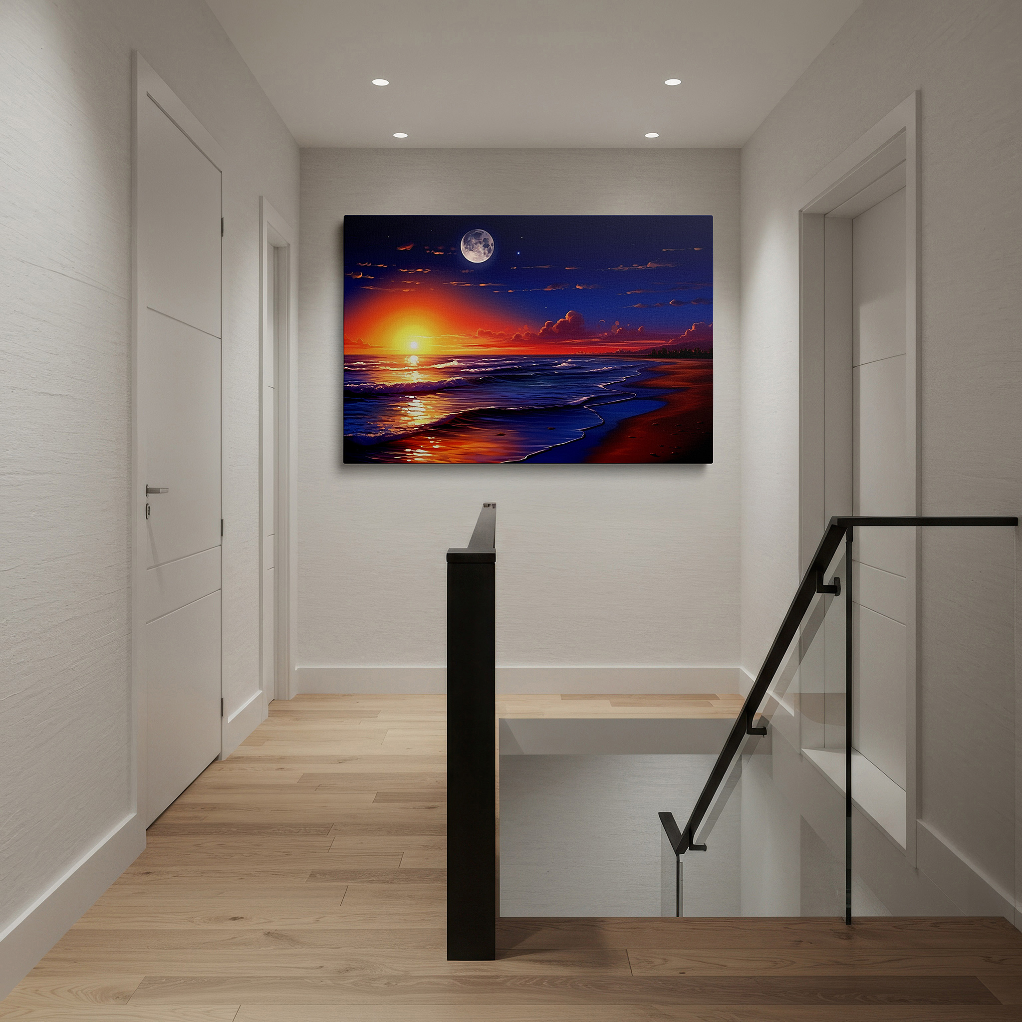 Gently illuminated by ambient lighting in an entryway — serene beach sunset and glowing moon over ocean waves - large canvas wall art for office, bedroom, and living room decor