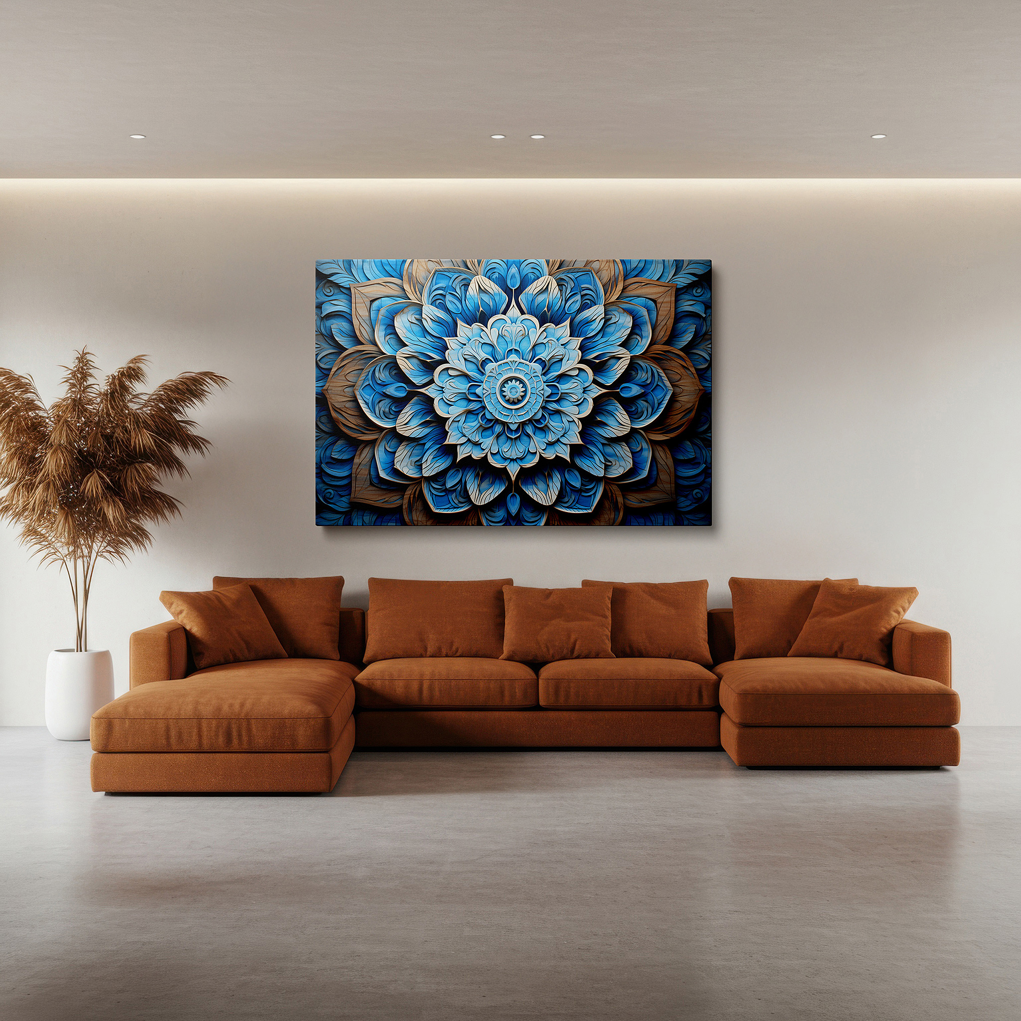 Gently illuminated by ambient lighting in an entryway — serene blue floral wood carving wall art: a tranquil harmony in artistic craftsmanship - large canvas wall decor for office and bedroom