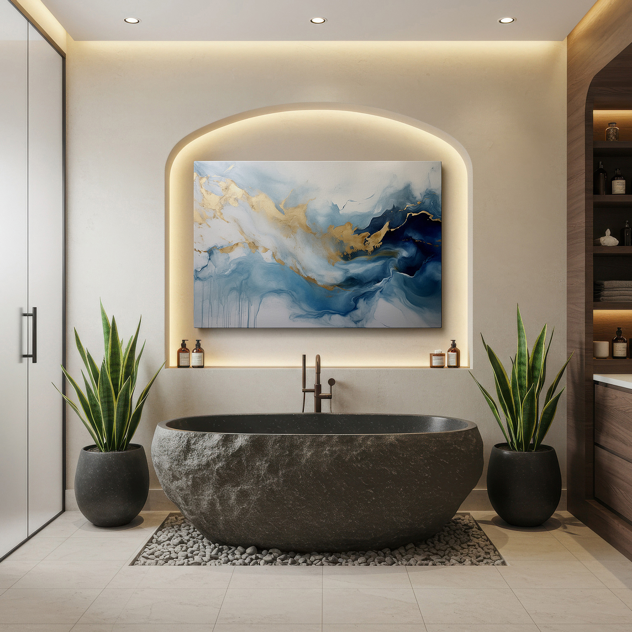 Gently illuminated by ambient lighting in an entryway — serene blues and golden waves: a tranquil fluid art masterpiece for contemporary spaces - large wall art, canvas wall art, wall decor