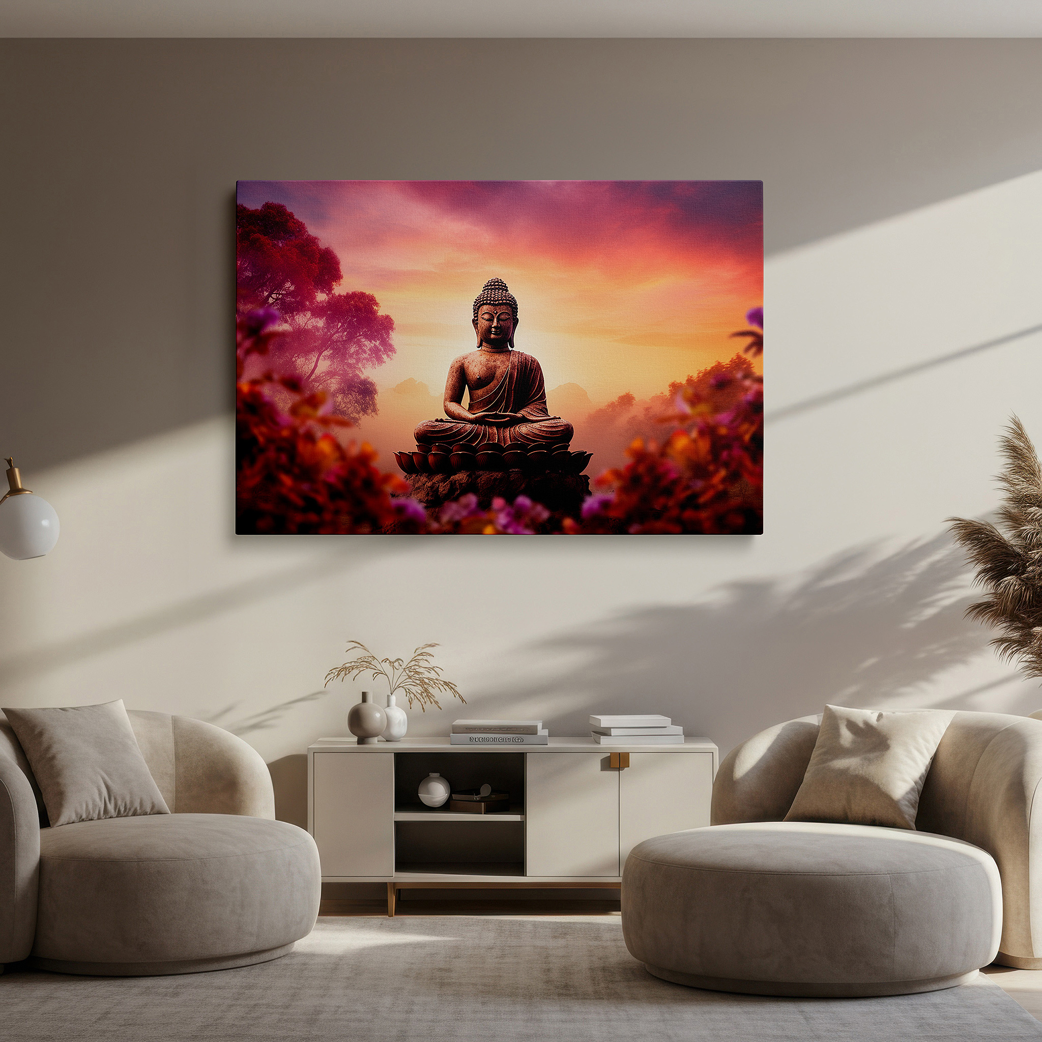 Gently illuminated by ambient lighting in an entryway — serene buddha amidst sunlit blossoms: a tranquil fusion of light and spirit - large canvas wall art for office and bedroom decor