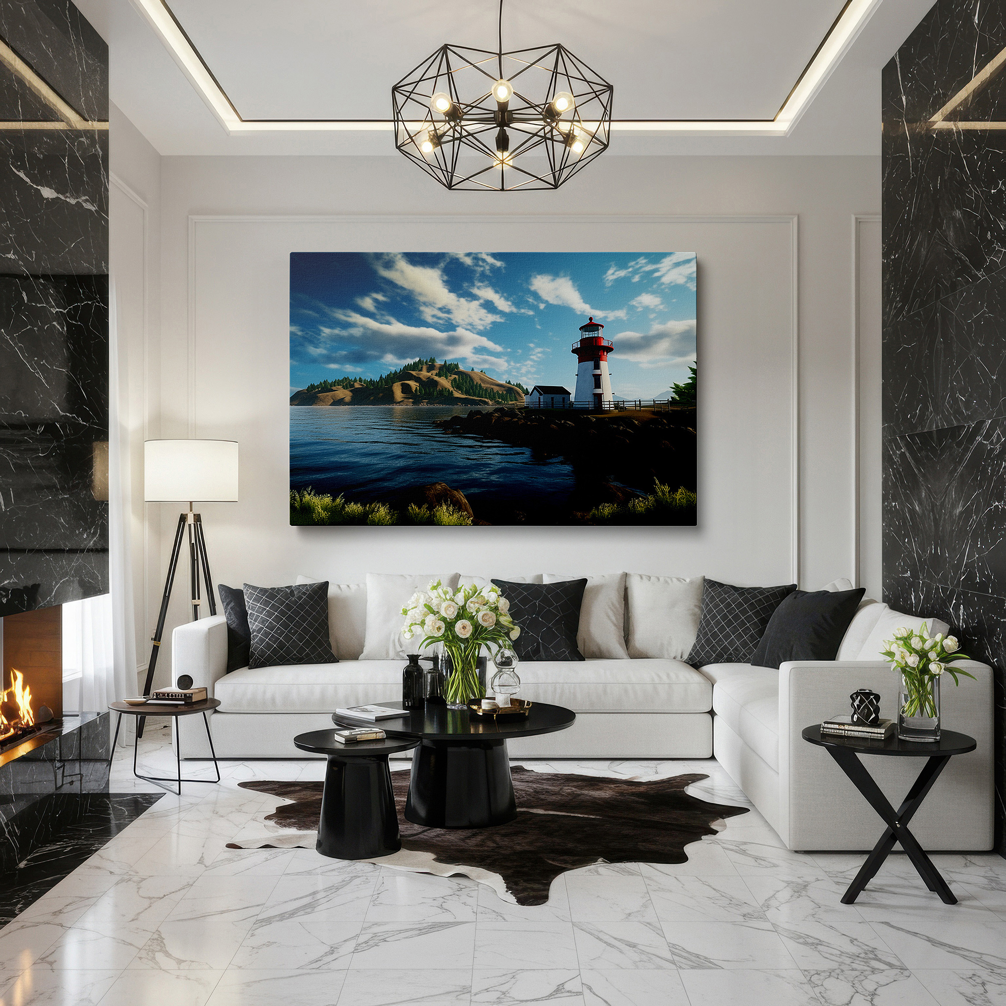 Gently illuminated by ambient lighting in an entryway — serene coastal scene featuring prominent lighthouse surrounded by verdant greenery and tranquil waters - large canvas wall art for home and office decor