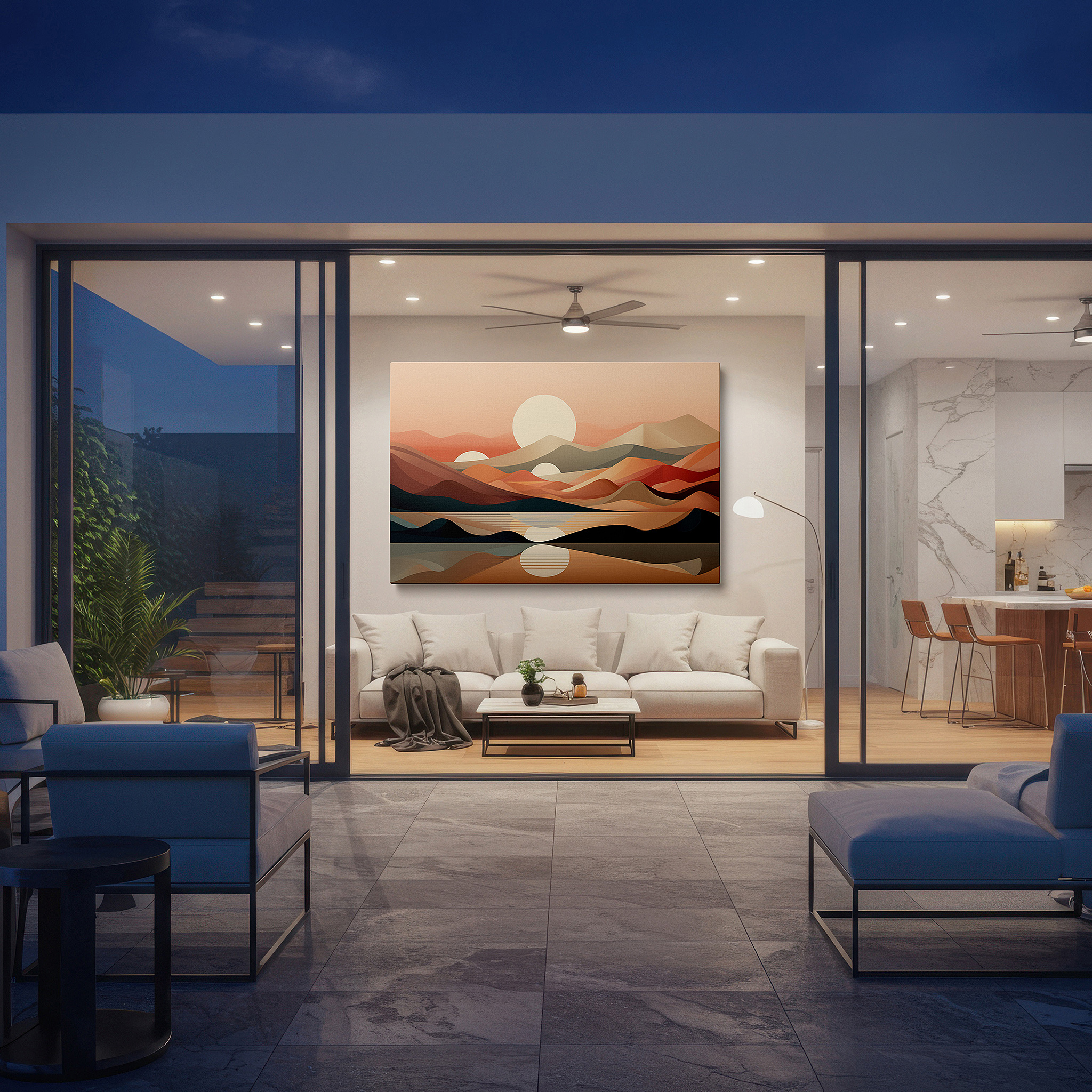 Gently illuminated by ambient lighting in an entryway — serene dawn over tranquil waters - abstract landscape in gentle peach, pink, and blue, large canvas wall art for home and office decor