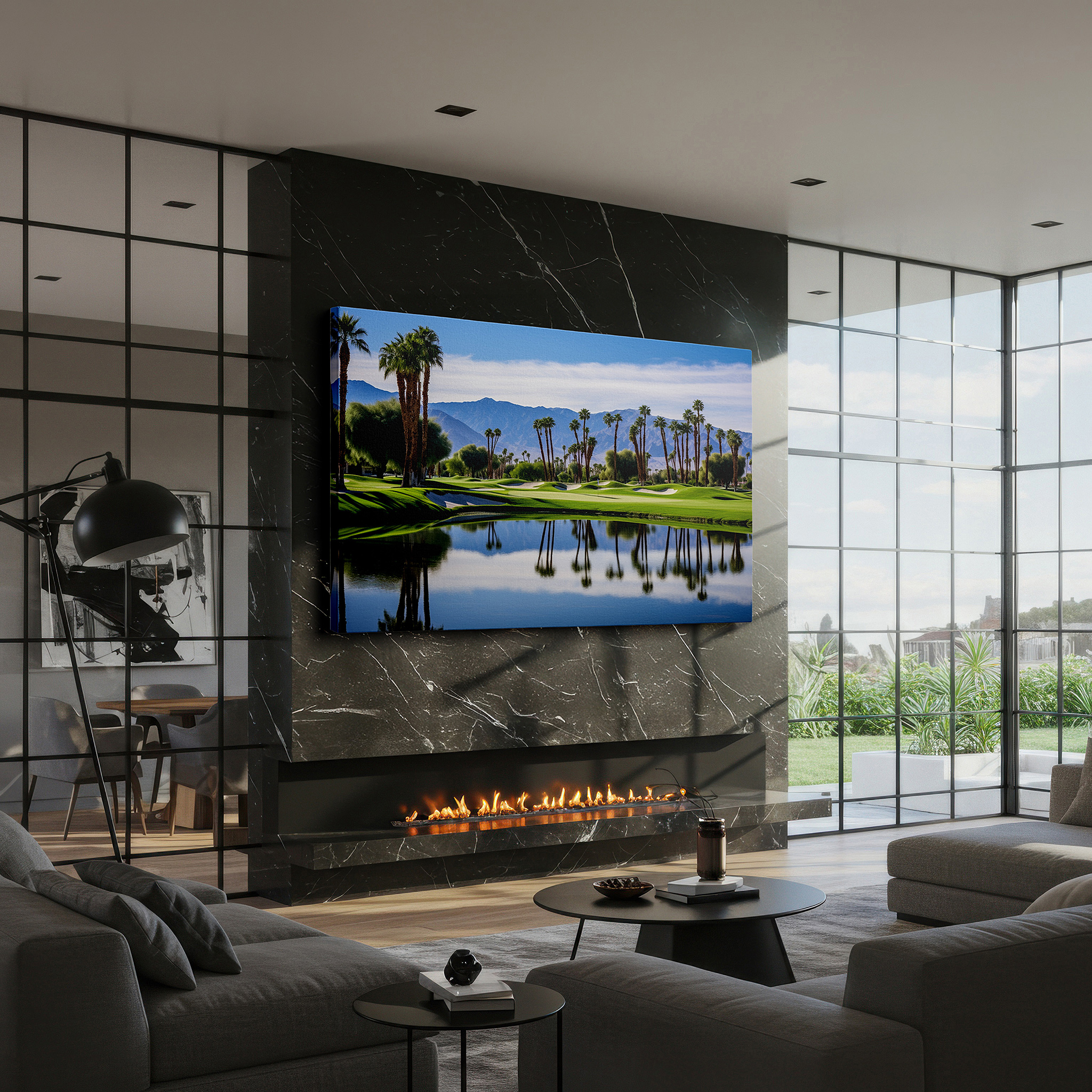 Gently illuminated by ambient lighting in an entryway — serene golf course oasis wall art featuring lush greens, tranquil lake, and majestic mountains - perfect for office or bedroom decor
