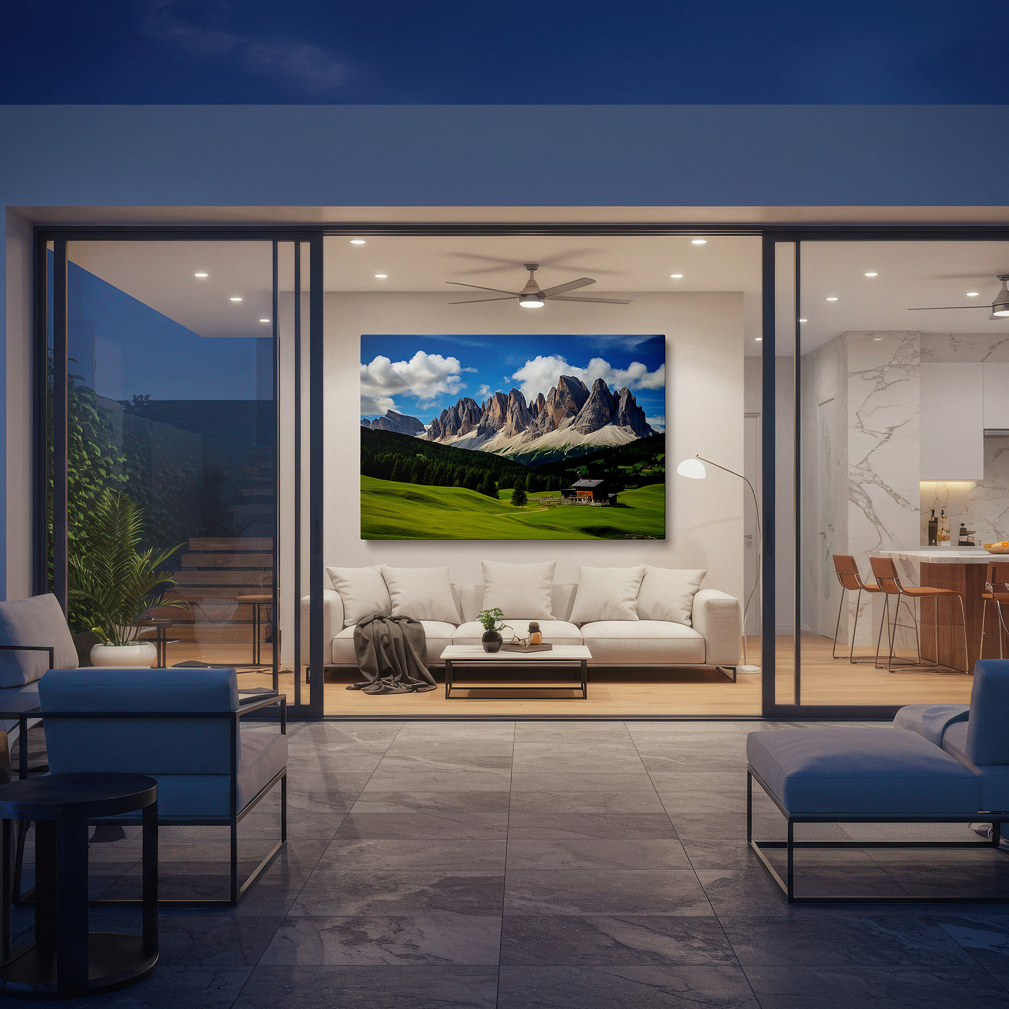 Gently illuminated by ambient lighting in an entryway — serene hideaway amidst lush valleys and towering mountains: oversized wall art for home and office decor, including living room and bedroom