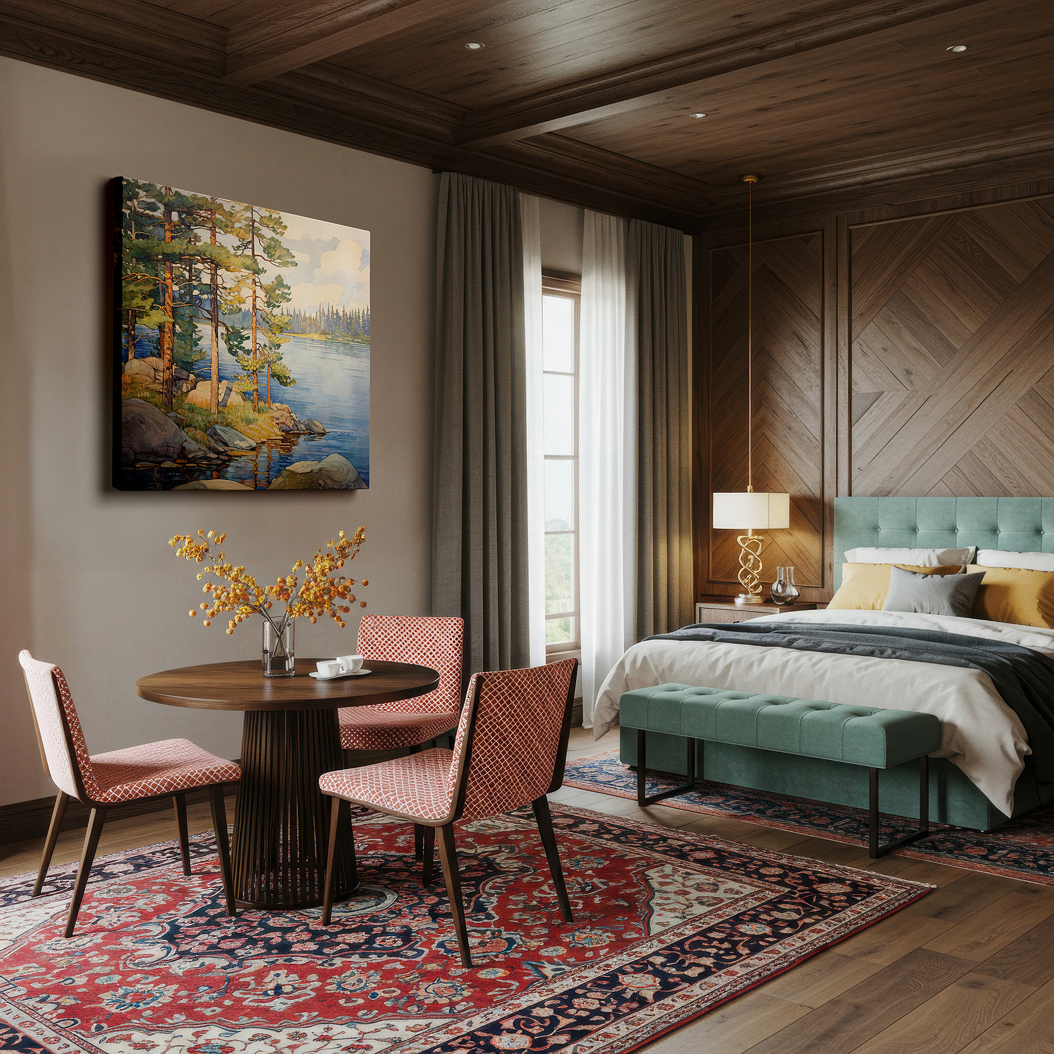 Gently illuminated by ambient lighting in an entryway — serene lake and towering pines mirroring mountain peaks on calm waters, large canvas wall art for office and bedroom decor