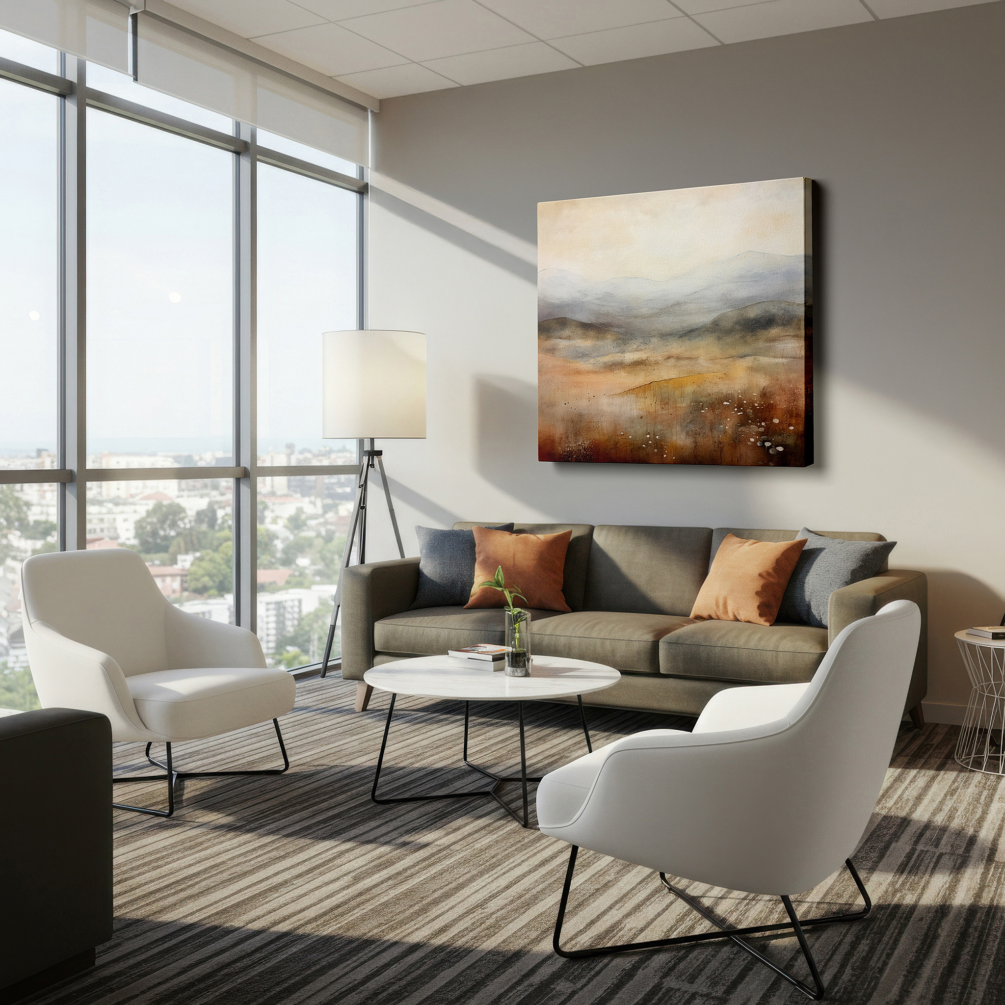 Gently illuminated by ambient lighting in an entryway — serene minimalistic landscape in earthy tones: large wall art for tranquil interiors, perfect for office and bedroom decor