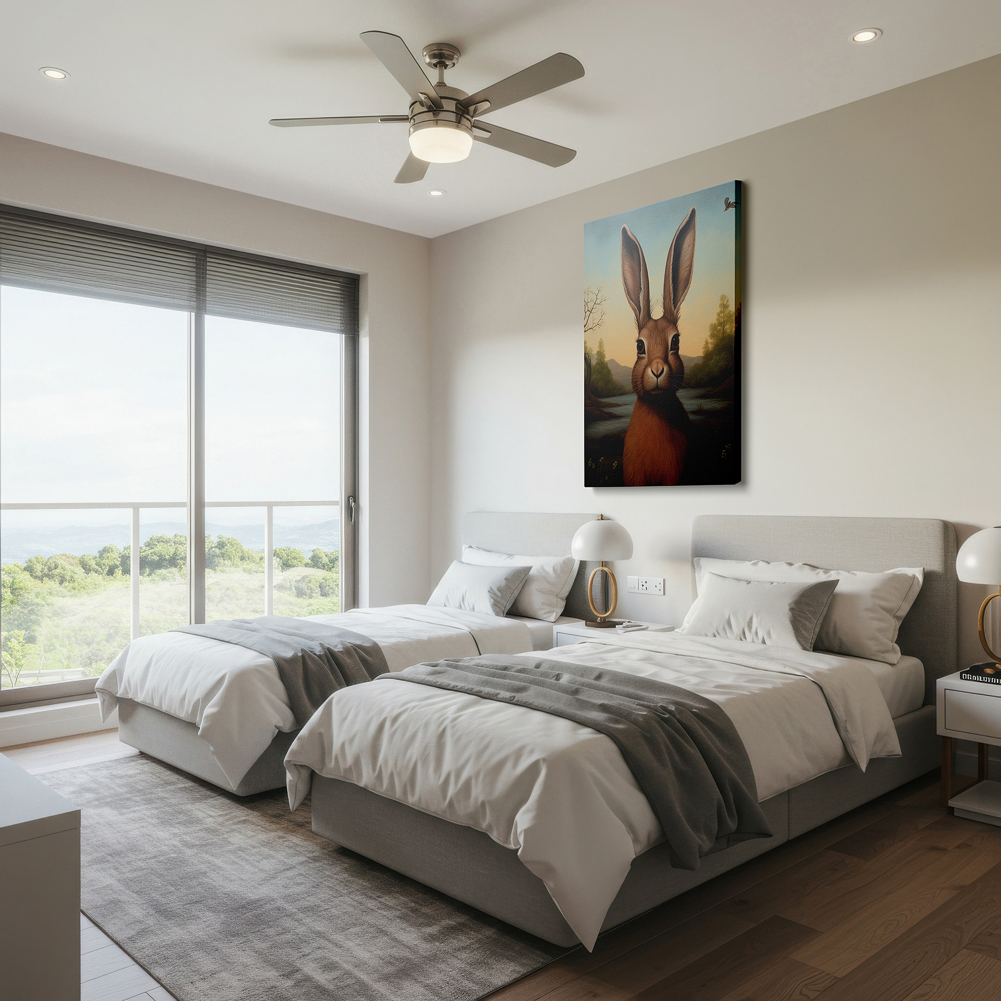 Gently illuminated by ambient lighting in an entryway — serene riverside rabbit: large canvas wall art featuring nature and wildlife, perfect for office decor