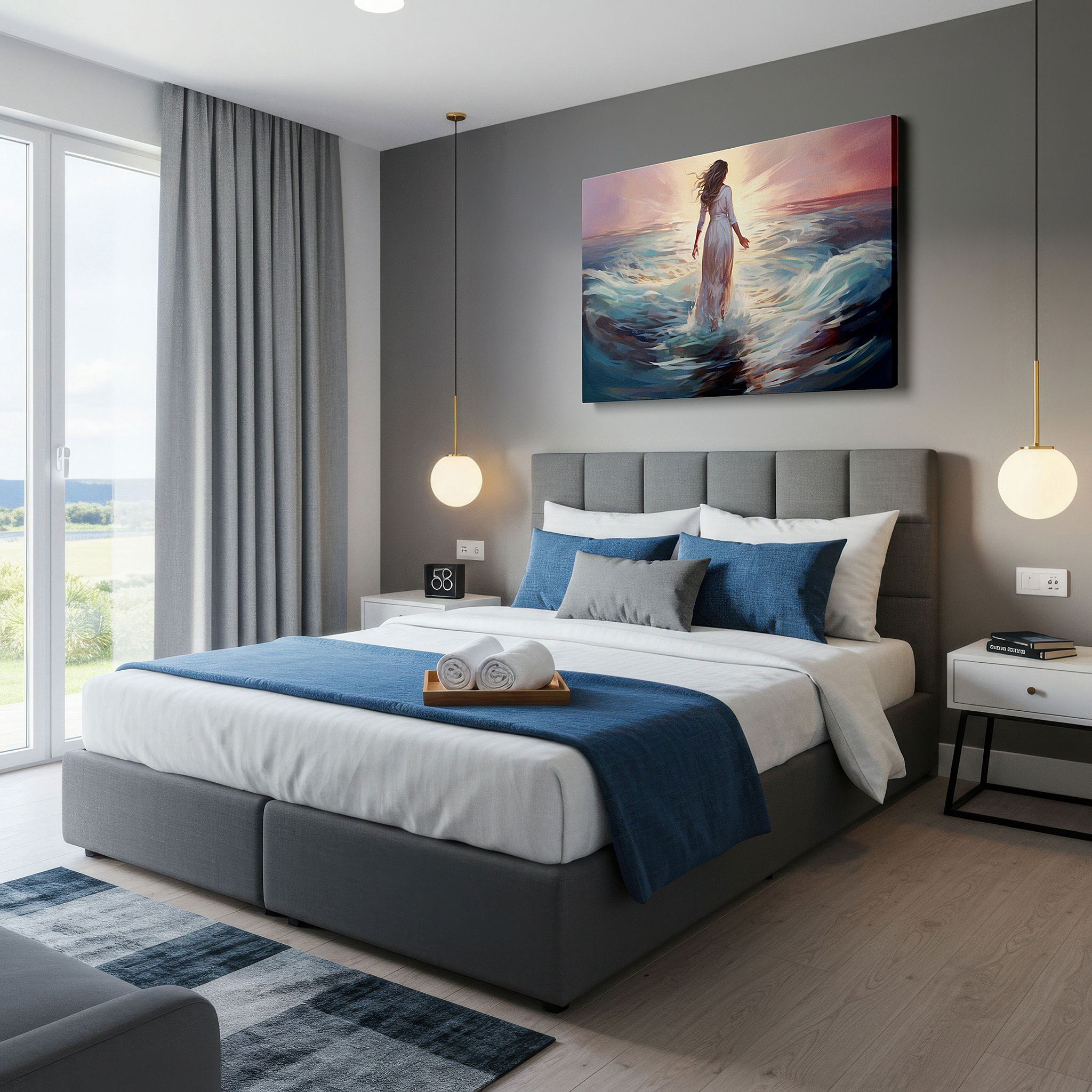 Gently illuminated by ambient lighting in an entryway — serene solitude at sunset - tranquil seascape featuring a woman enveloped by the ocean large wall art, canvas wall art, wall decor for office