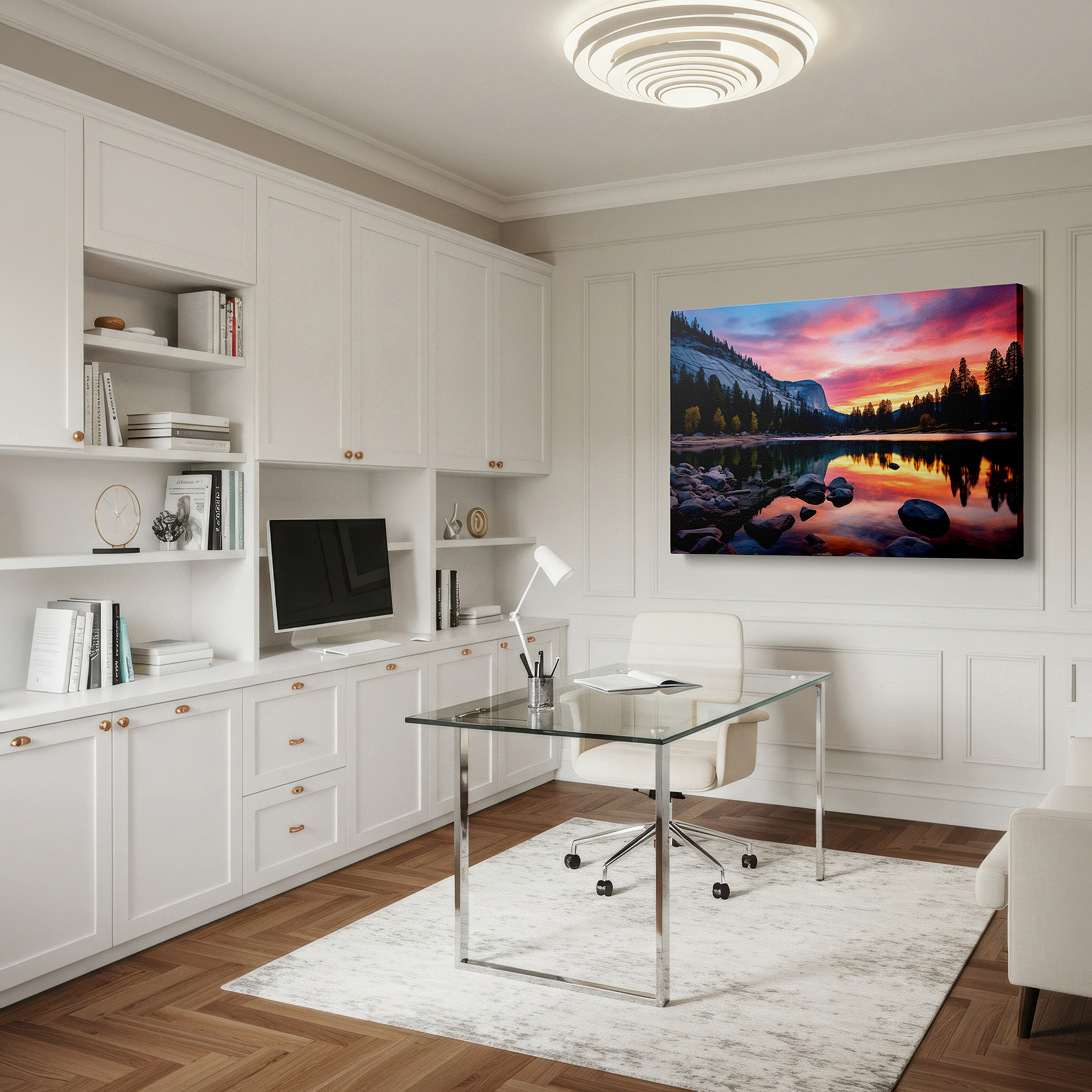 Gently illuminated by ambient lighting in an entryway — serene sunset over majestic rocks and calm lake wall art: large canvas for office, bedroom, and living room decor