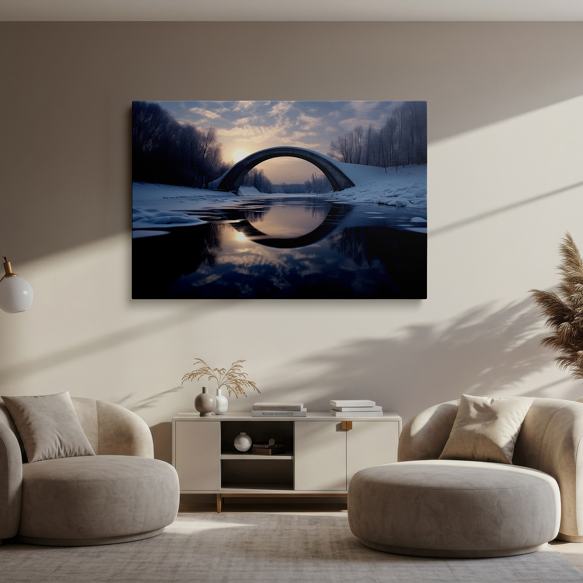 Gently illuminated by ambient lighting in an entryway — serene winter dawn above grand bridge and icy river - large canvas wall art for office, bedroom, and living room decor