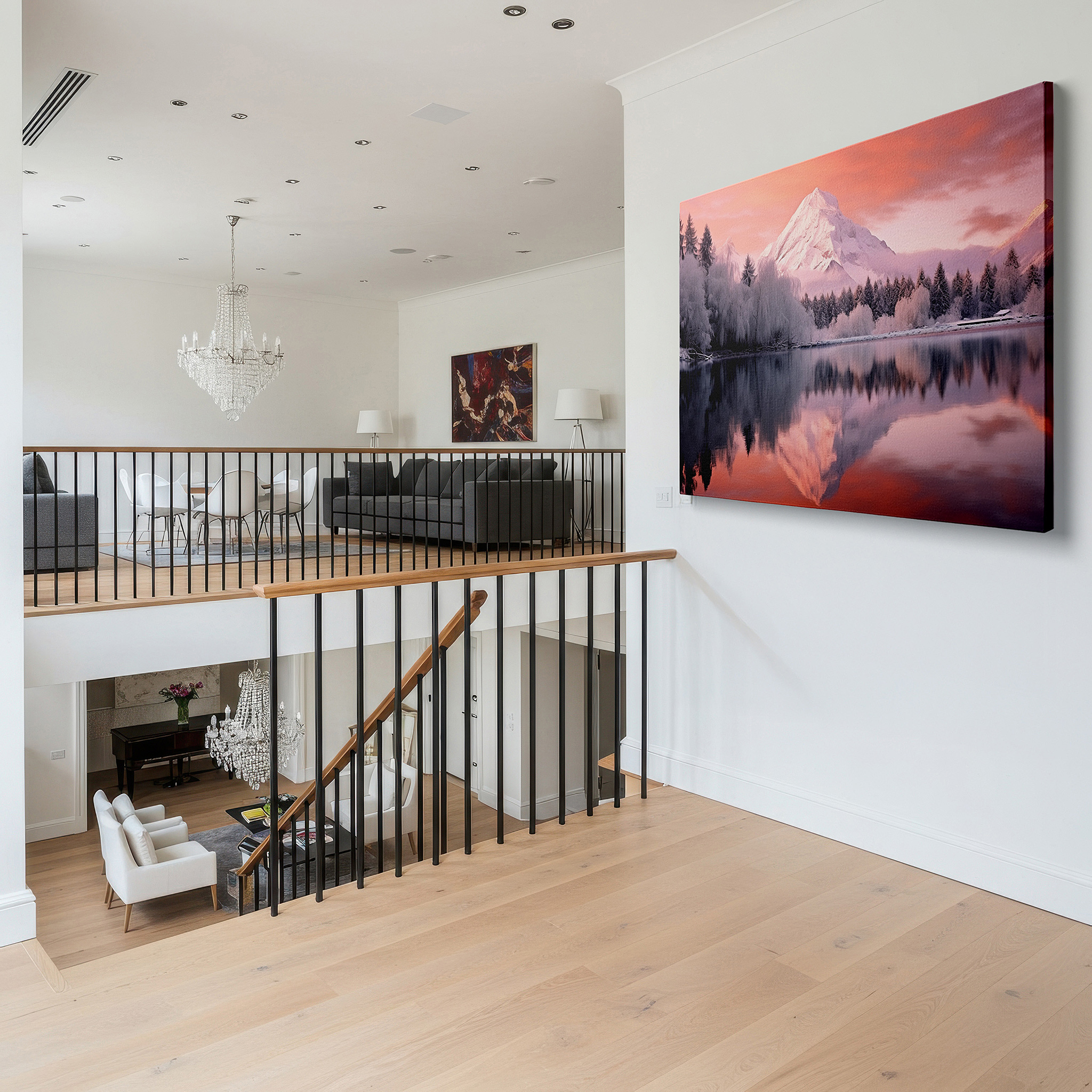 Gently illuminated by ambient lighting in an entryway — serene winter scene with snow-capped mountains and reflective lake - large canvas wall art for office and bedroom decor