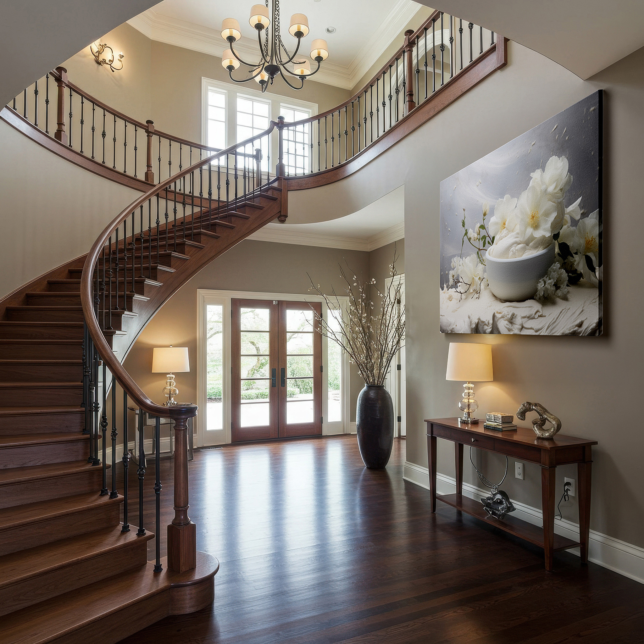 Gently illuminated by ambient lighting in an entryway — serenity in white - delicate flowers in a creamy bowl, tranquil monochromatic masterpiece, large canvas wall art for office decor