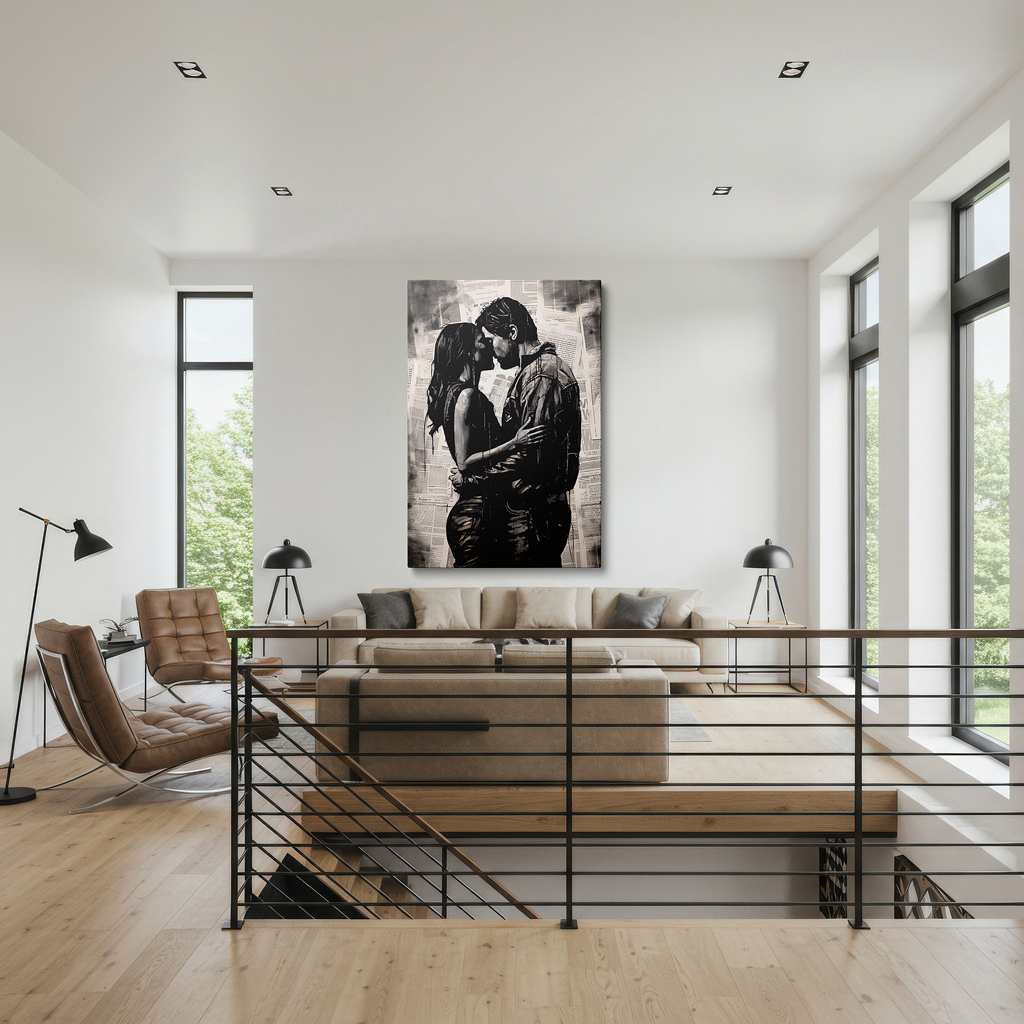Gently illuminated by ambient lighting in an entryway — societal chaos and intimate embrace - a monochrome masterpiece depicting love and resilience, large wall art, canvas wall art, wall decor