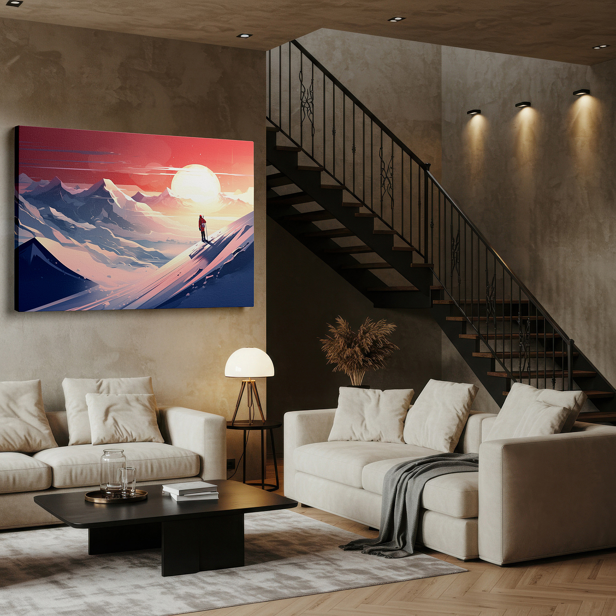 Gently illuminated by ambient lighting in an entryway — solitary hiker among snow-capped peaks at sunset - a scene of solitude and adventure, large wall art, canvas, home and office decor