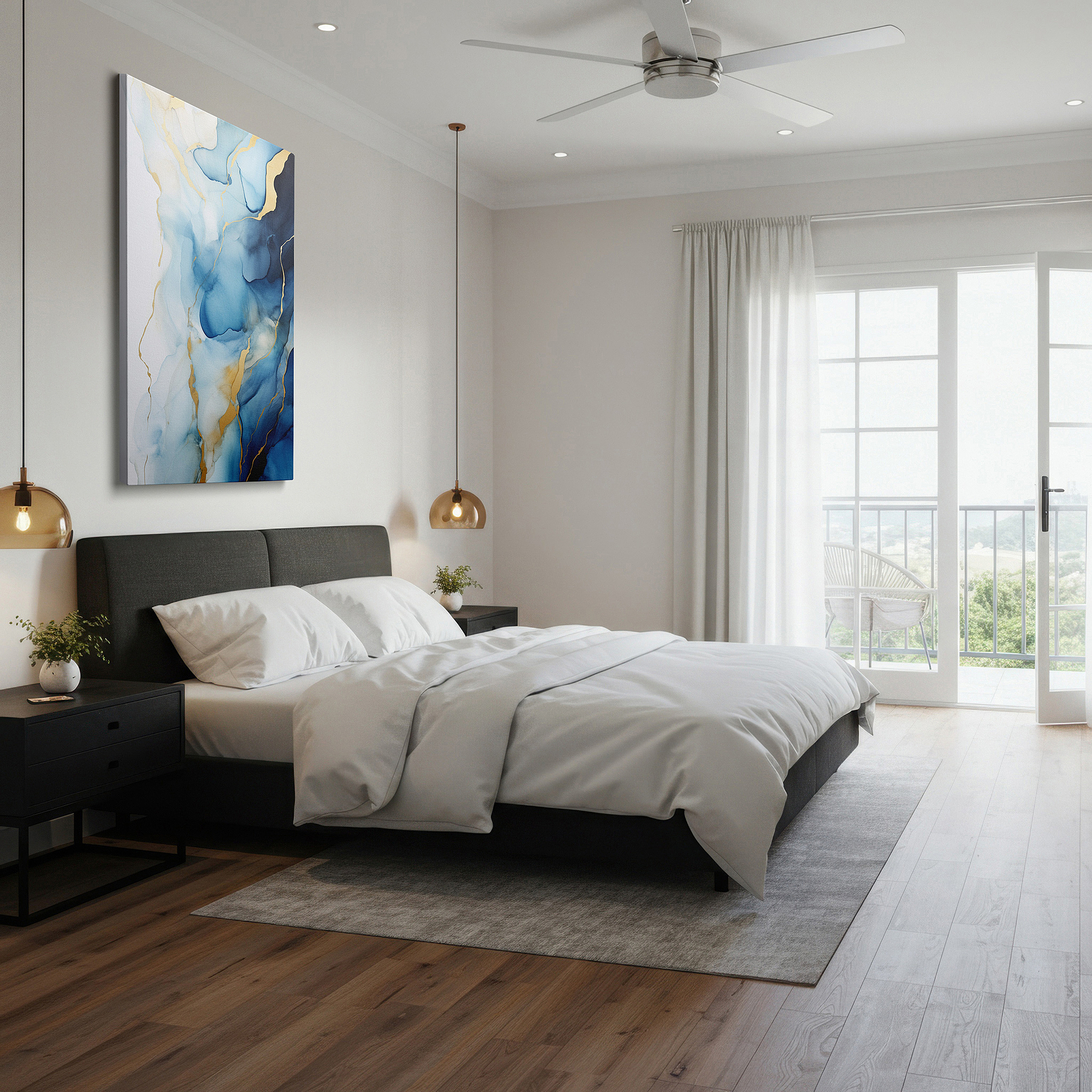 Gently illuminated by ambient lighting in an entryway — sophisticated symphony of tranquil blues and golden hues: large wall art, canvas wall art, wall art decor, office wall art