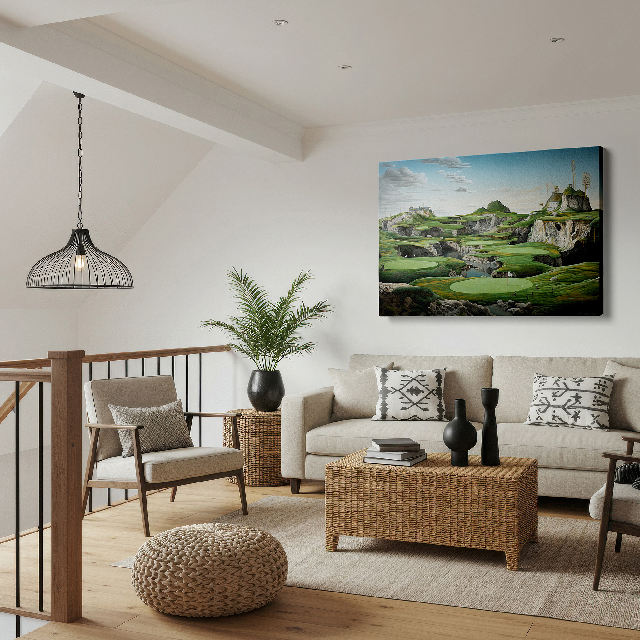 Gently illuminated by ambient lighting in an entryway — stunning golf course scenery with vibrant greens and striking rock formations - large canvas wall art for office and bedroom decor