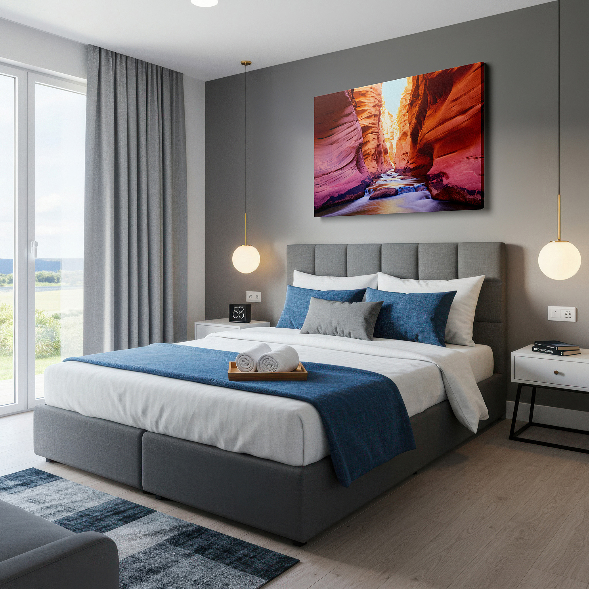 Gently illuminated by ambient lighting in an entryway — sunlit canyon with tranquil waters and ancient rocks large wall art, canvas decor for office, bedroom, and living room