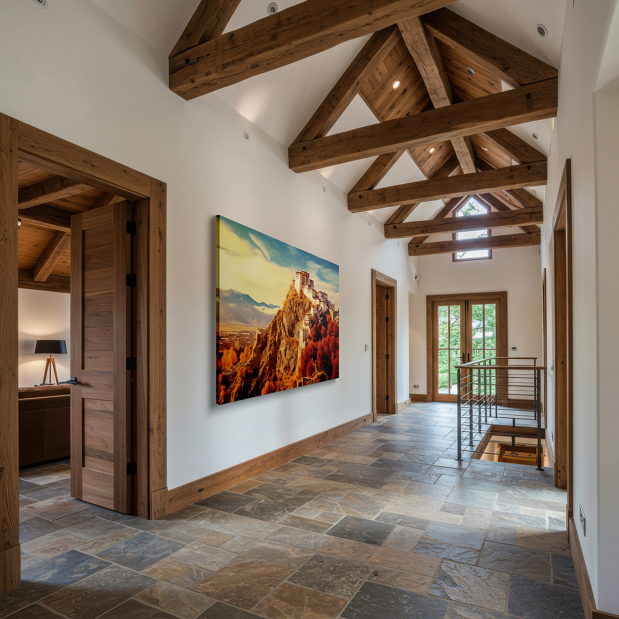 Gently illuminated by ambient lighting in an entryway — tibetan monastery in autumn splendor wall art: a sanctuary of enlightenment and tranquility - large canvas wall decor for office