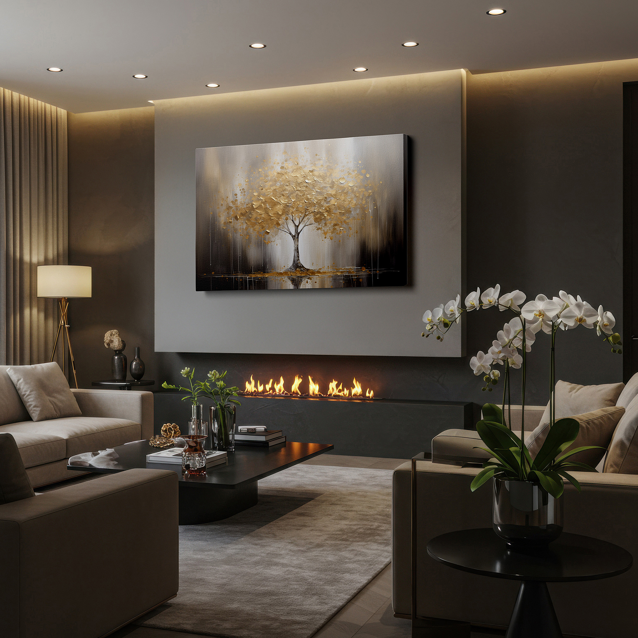 Gently illuminated by ambient lighting in an entryway — timeless beauty and resilience golden tree large wall art, canvas wall decor for office and bedroom