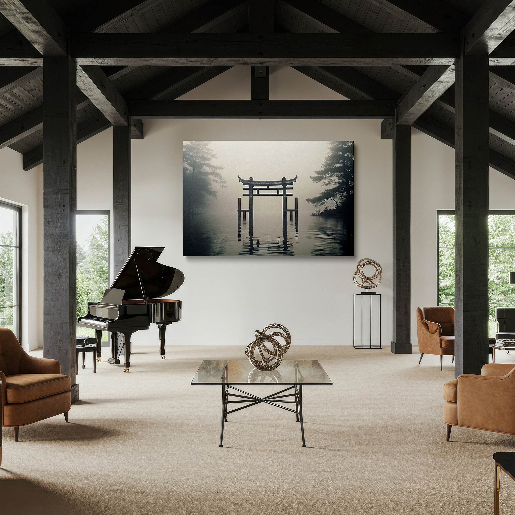 Gently illuminated by ambient lighting in an entryway — torii gate in misty waters wall art: symbolizing tranquility and sacred transition - large canvas for home or office decor