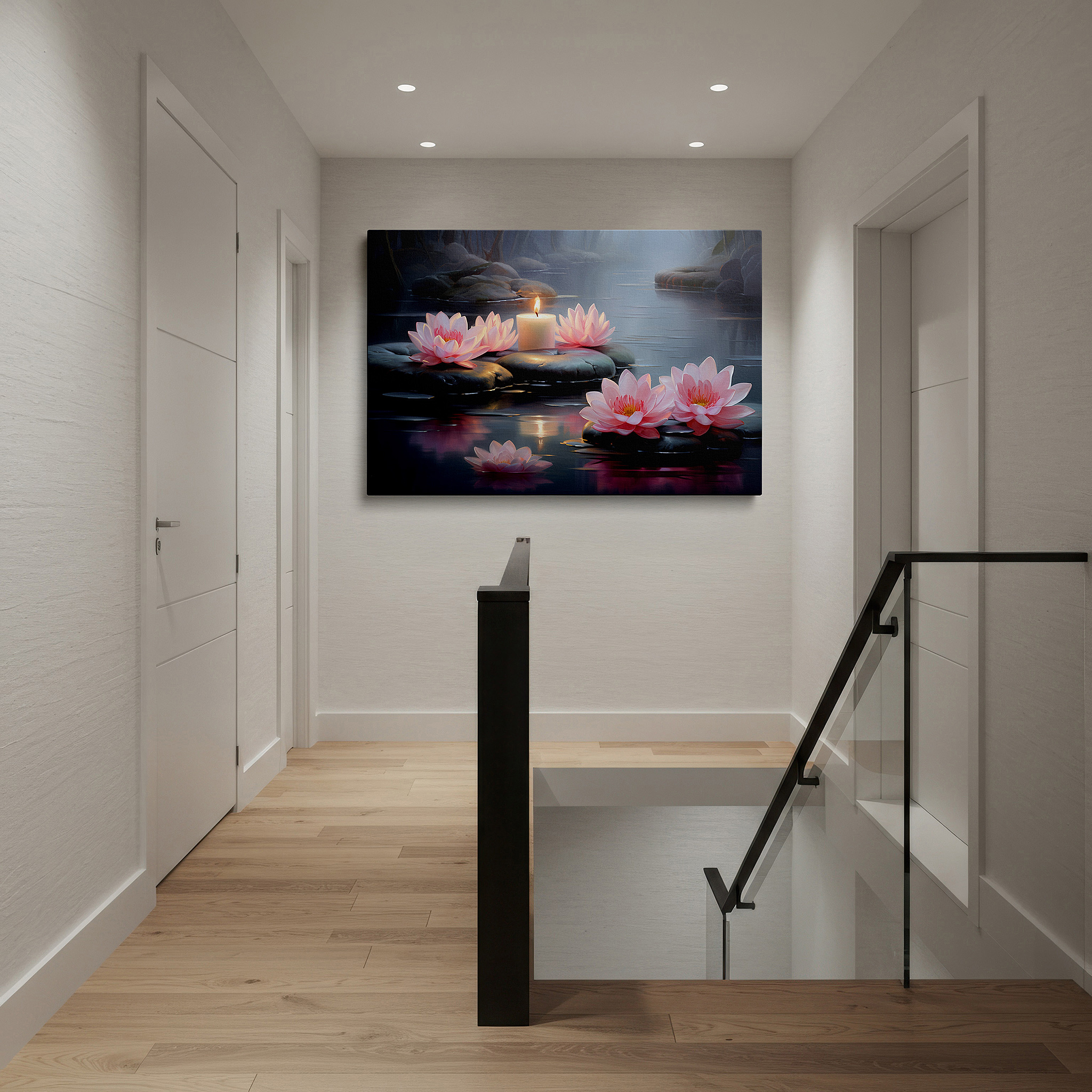 Gently illuminated by ambient lighting in an entryway — tranquil waterscape canvas art featuring pink lotus flowers, symbols of purity and spiritual awakening - ideal for office and home decor