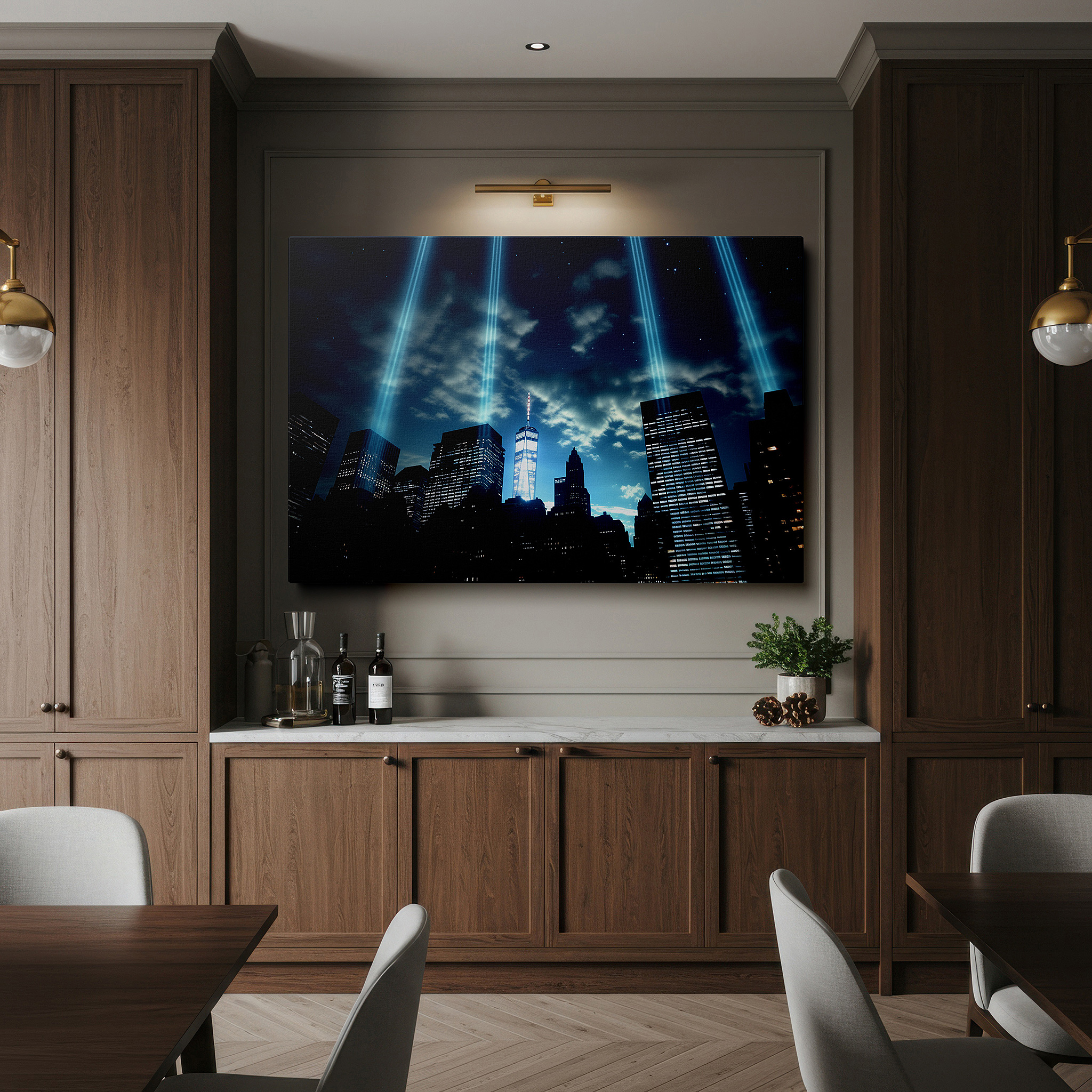 Gently illuminated by ambient lighting in an entryway — tribute in light above nyc skyline - emblem of resilience and memory large wall art, canvas art, wall decor, office art