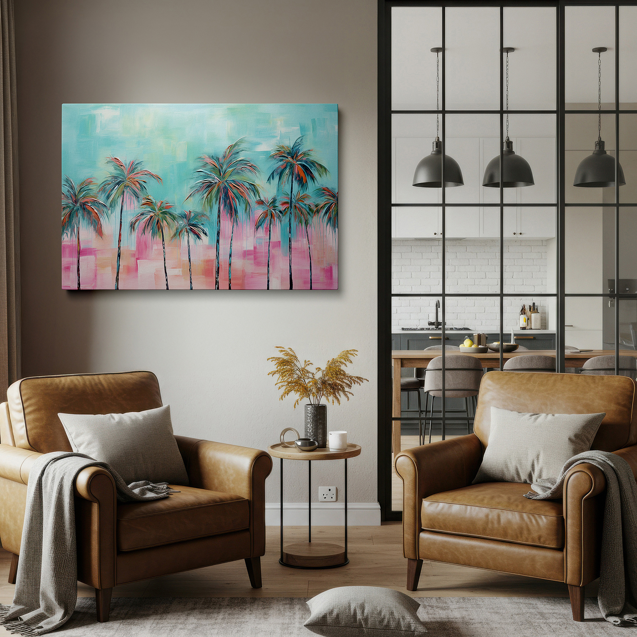 Gently illuminated by ambient lighting in an entryway — tropical serenity: stylized palm trees and sunset mosaic large canvas wall art for office and bedroom decor