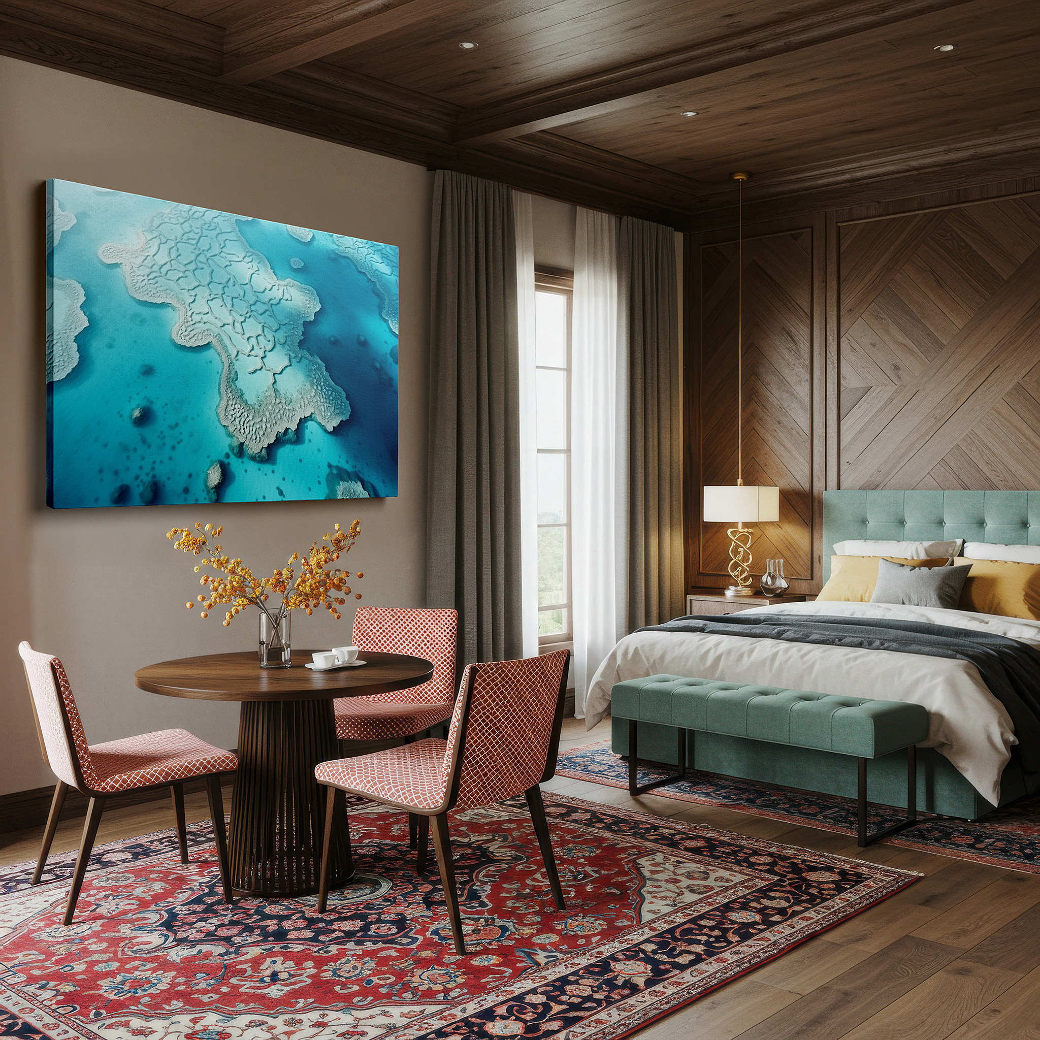 Gently illuminated by ambient lighting in an entryway — turquoise waters aerial coral reef symphony: celebrating marine biodiversity with large canvas wall art for office decor