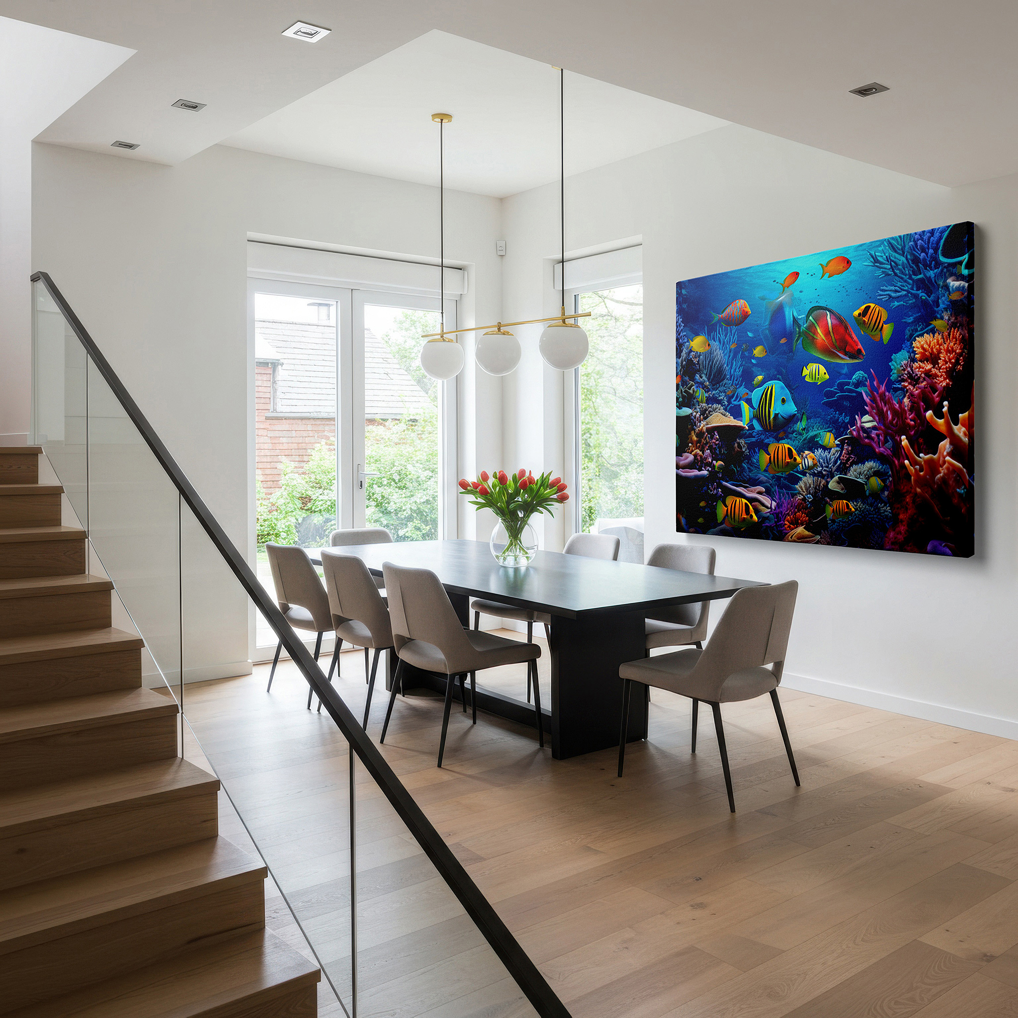 Gently illuminated by ambient lighting in an entryway — underwater majesty: clownfish and vibrant coral reefs wall art - large canvas for home and office decor, perfect for living rooms and bedrooms