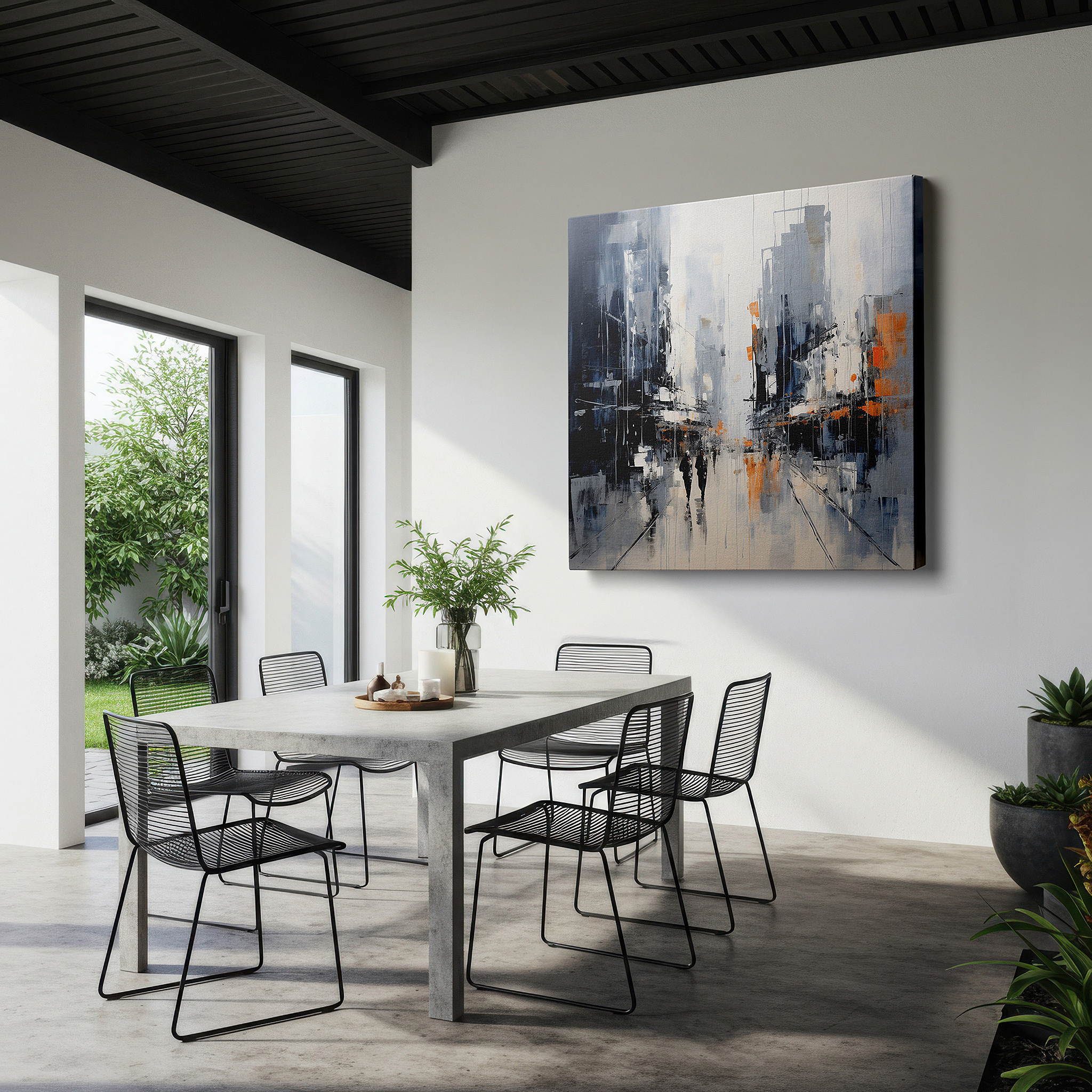 Gently illuminated by ambient lighting in an entryway — urban friendship amidst bright city colors large wall art, canvas wall art, wall decor, office wall art, bedroom wall art, living room wall art