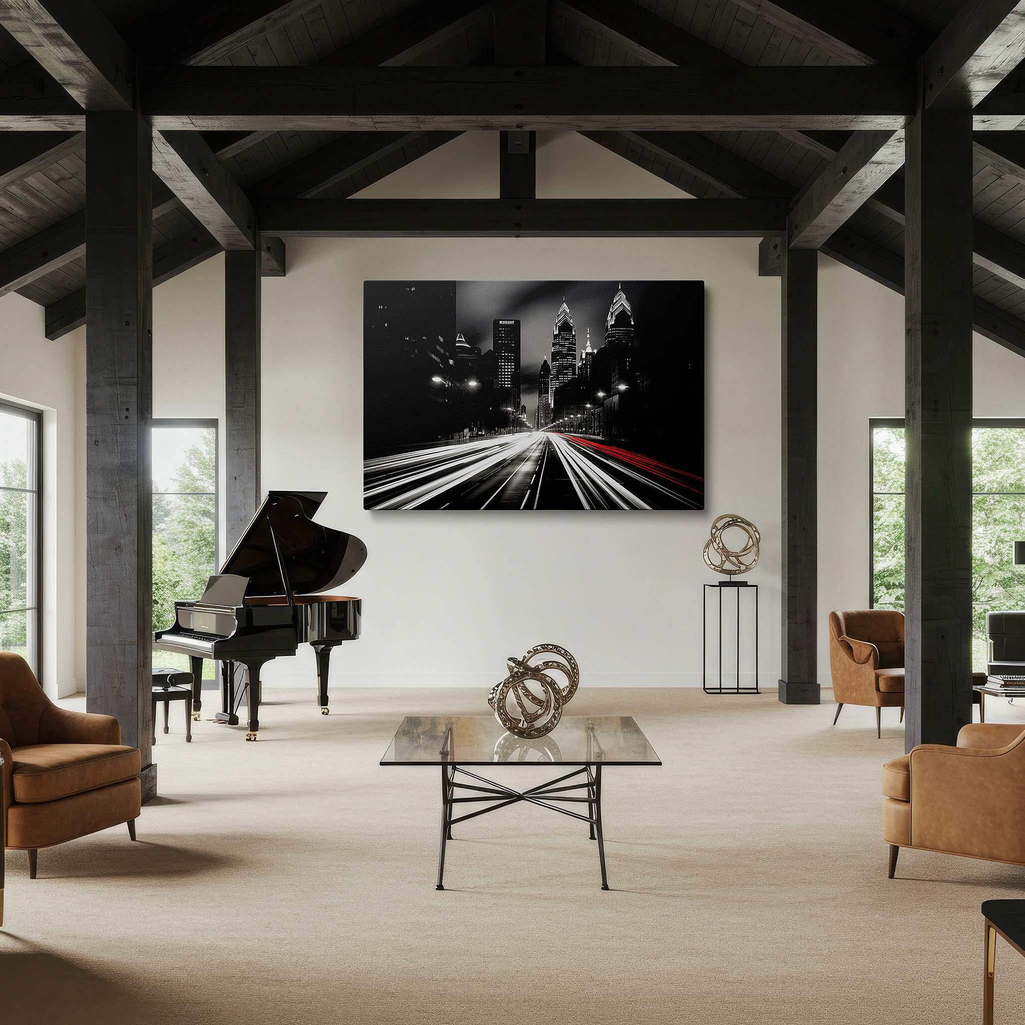 Gently illuminated by ambient lighting in an entryway — urban vitality wall art: dynamic black and white cityscape with light streaks and silhouetted skyscrapers - large canvas wall decor