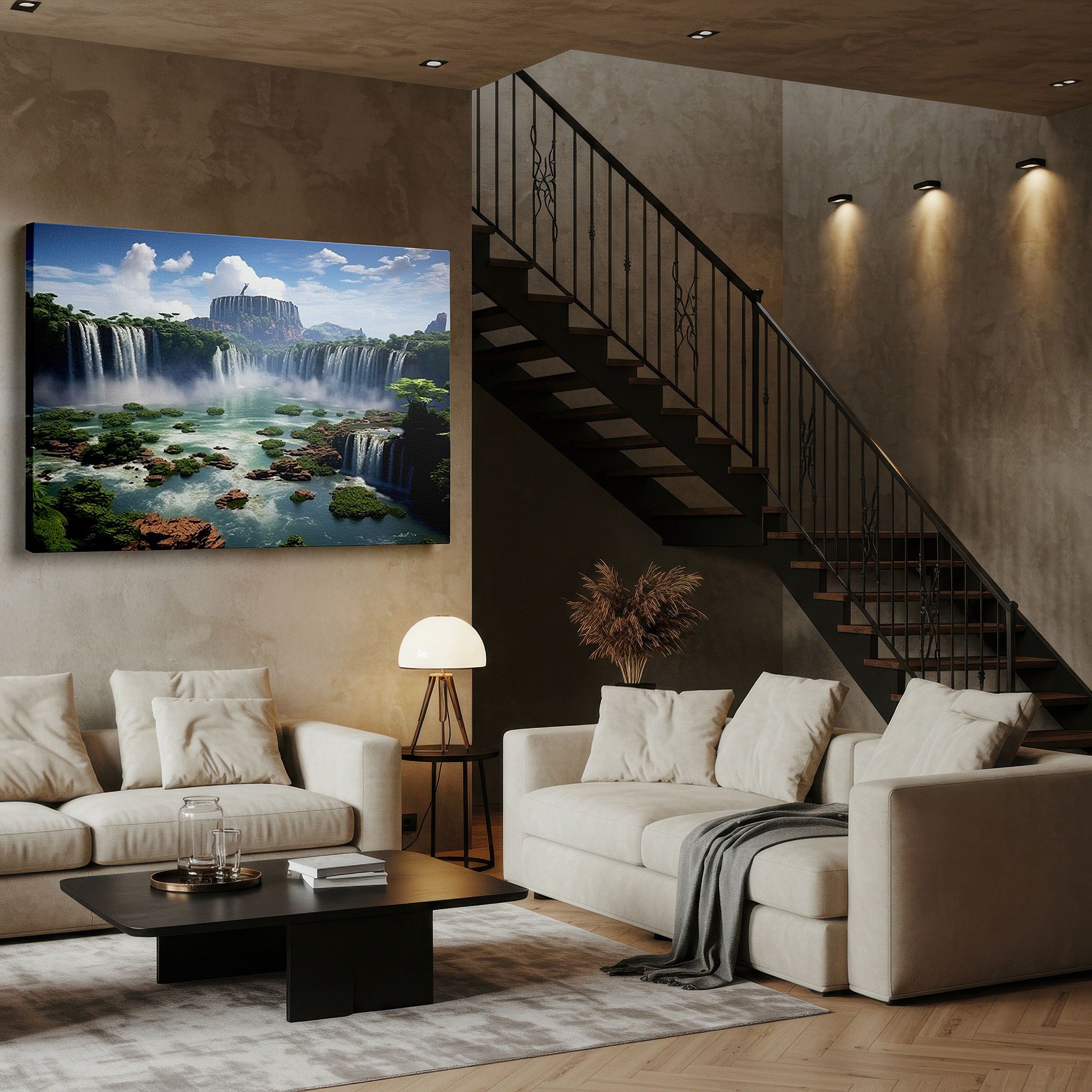 Gently illuminated by ambient lighting in an entryway — verdant cliffs with cascading waterfalls and tranquil oasis large wall art, canvas wall art, wall decor for office and bedroom