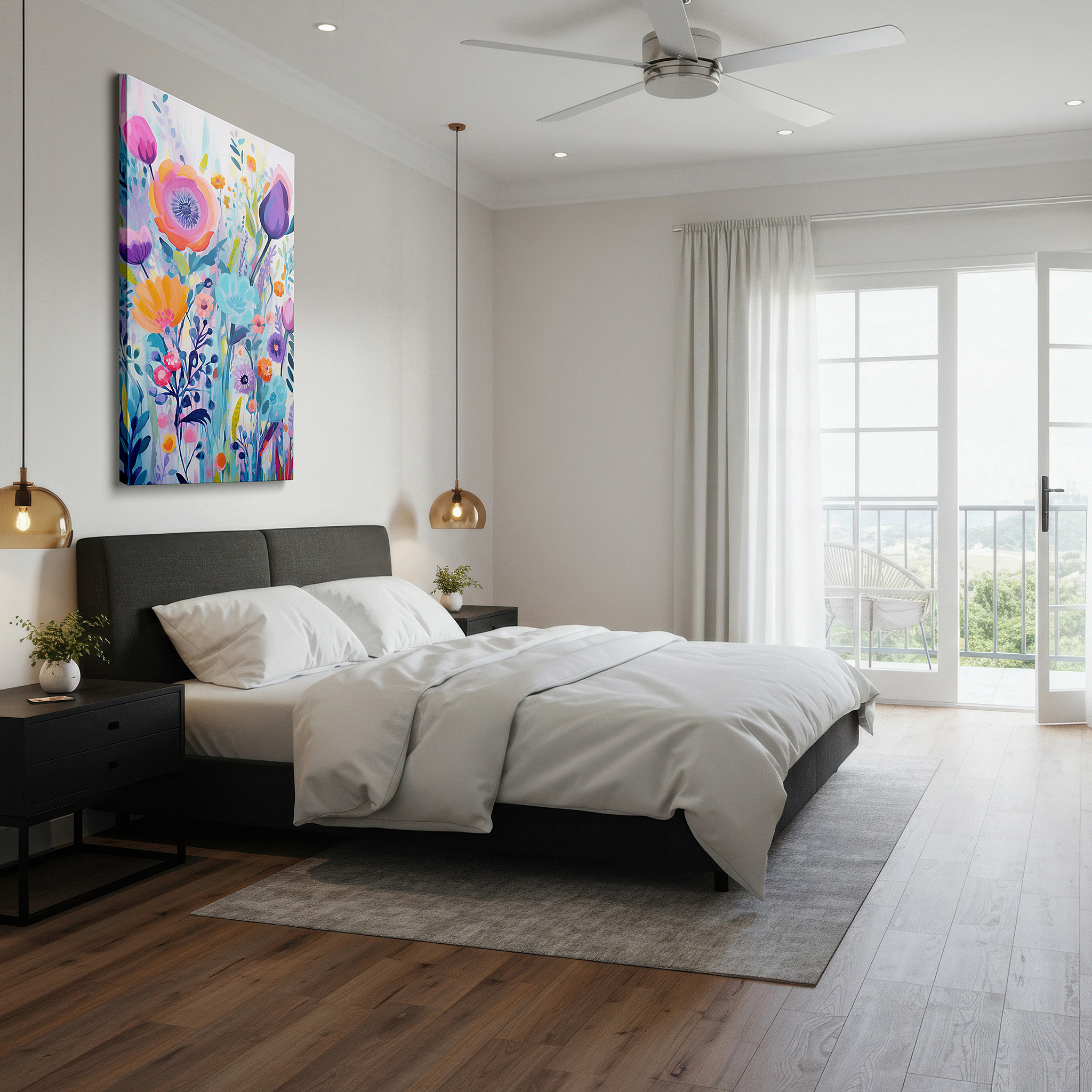 Gently illuminated by ambient lighting in an entryway — vibrant abstract floral masterpiece featuring dynamic shapes and bright colors to celebrate nature's beauty - large canvas wall art