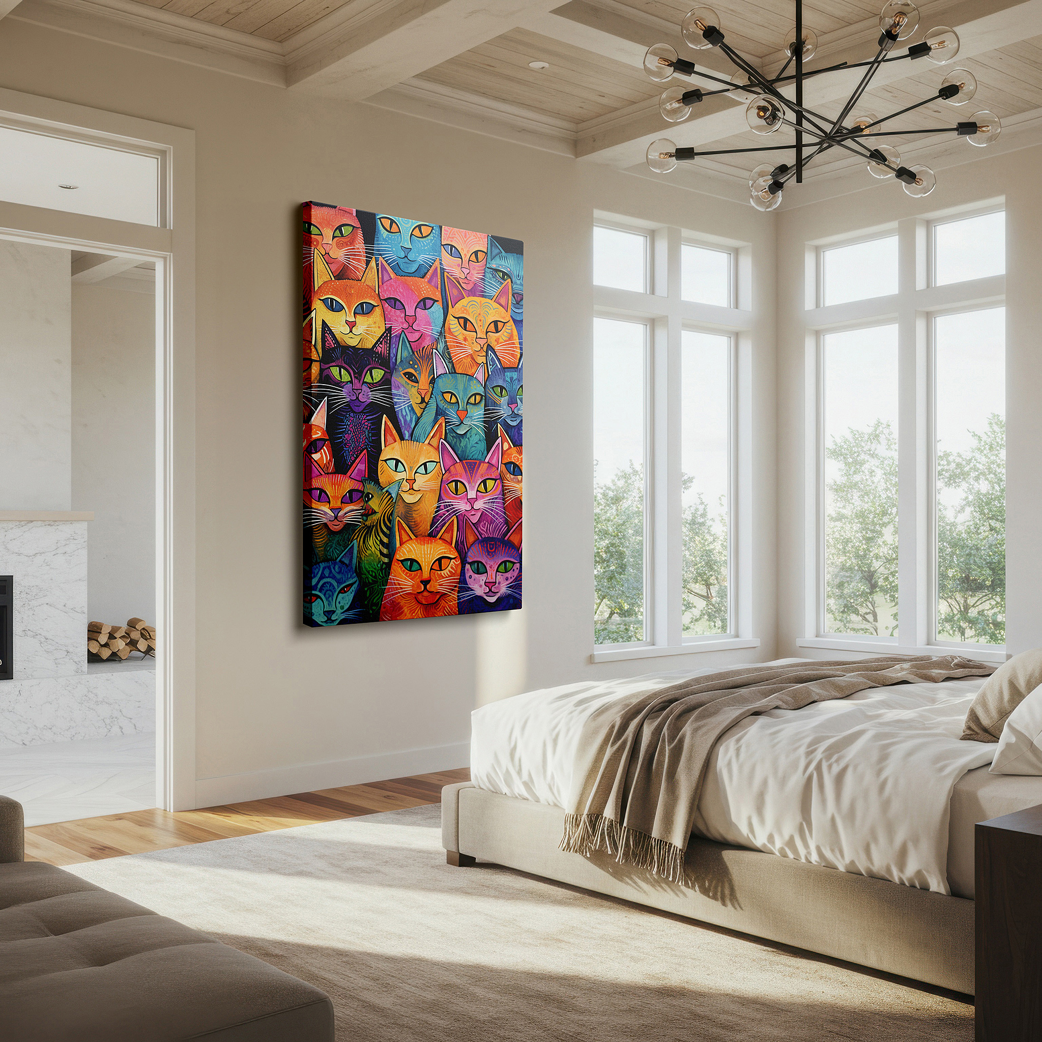 Gently illuminated by ambient lighting in an entryway — vibrant cat portraits collage: celebrating feline diversity and personality - large wall art, canvas wall art, wall decor for office and bedroom
