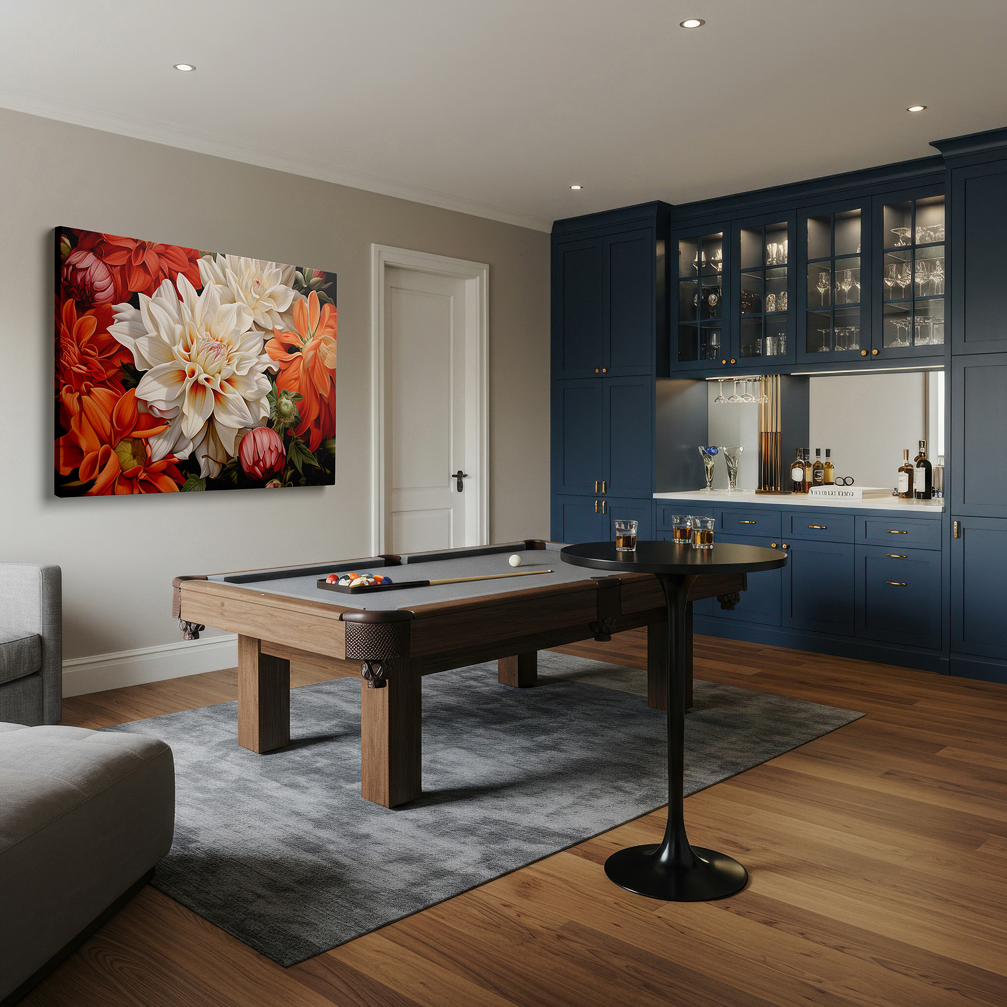 Gently illuminated by ambient lighting in an entryway — vibrant celebration of nature: floral mastery in large canvas wall art for home and office decor