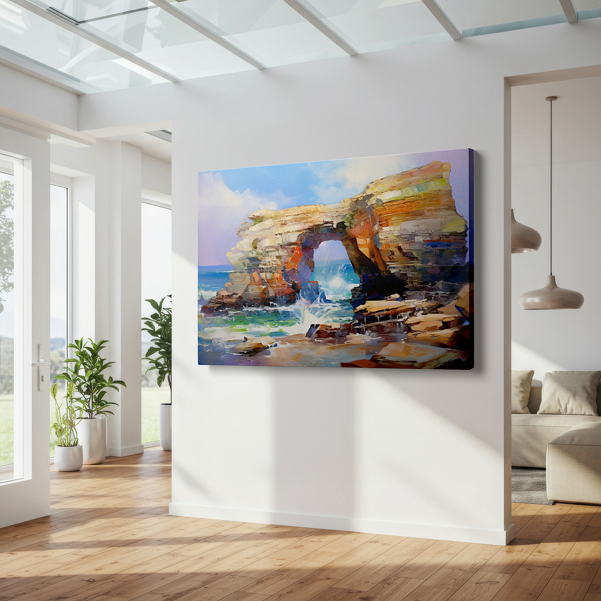 Gently illuminated by ambient lighting in an entryway — vibrant coastal cliffs wall art: dynamic light and texture - perfect for office, bedroom, and home decor