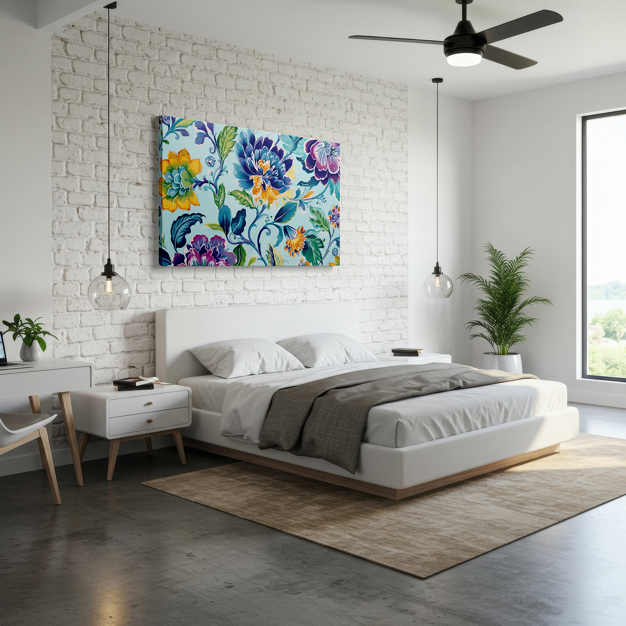 Gently illuminated by ambient lighting in an entryway — vibrant floral symphony in blues, yellows, and greens: large canvas wall art for office, bedroom, and living room decor