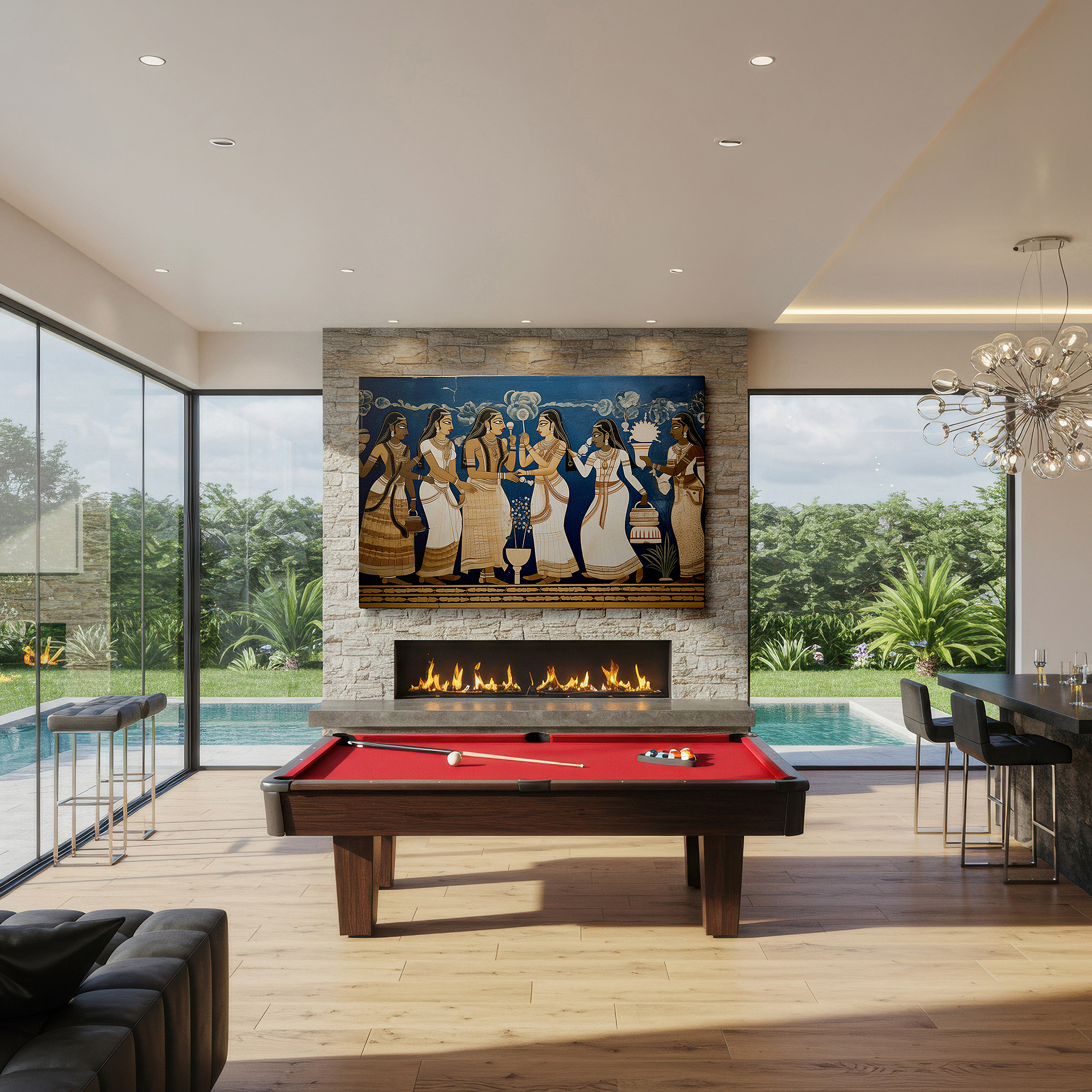 Gently illuminated by ambient lighting in an entryway — vibrant mural depicting an ancient cultural ritual with elegant attire and dynamic composition - large canvas wall art for office decor