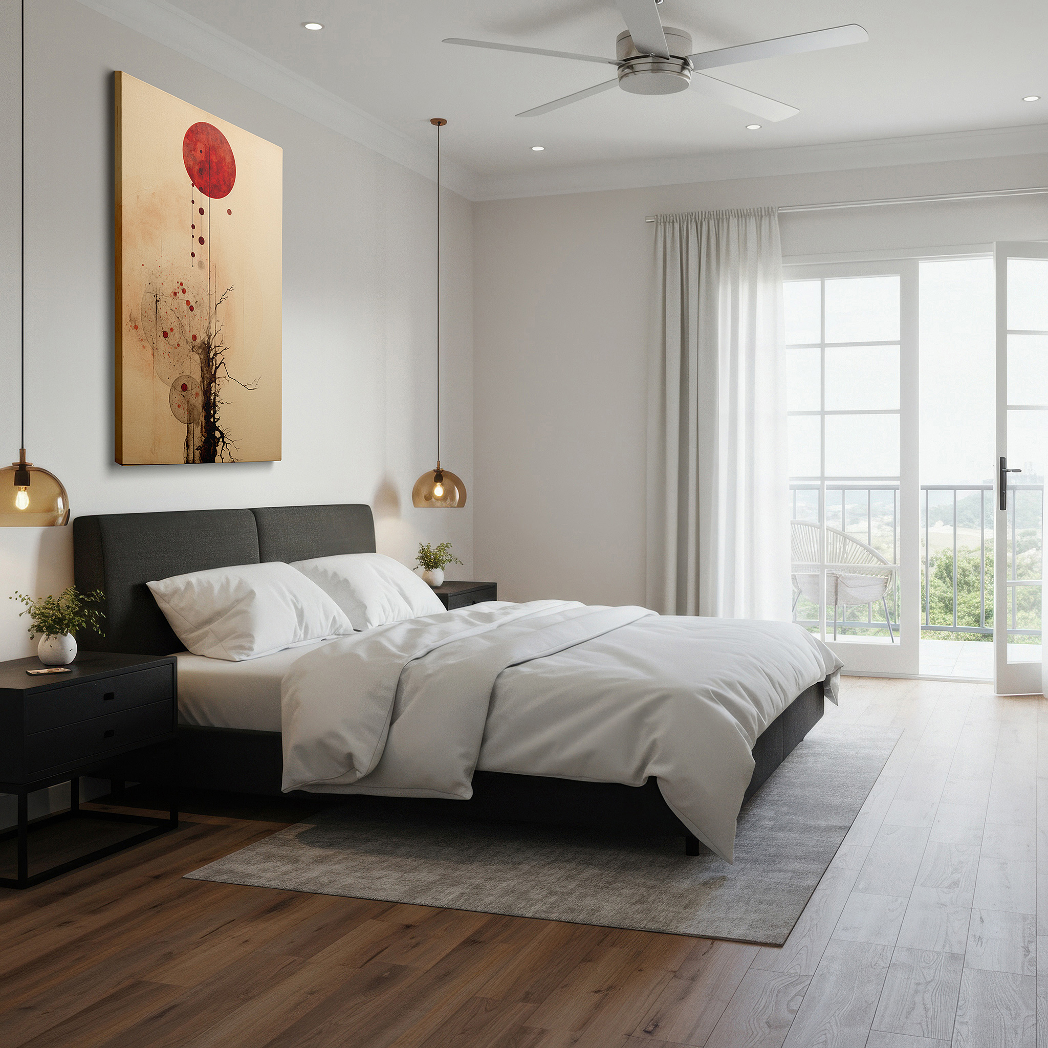 Gently illuminated by ambient lighting in an entryway — vibrant red spheres and bold tree outline - a blend of abstract art and nature themes, large wall decor, canvas art, office wall decoration