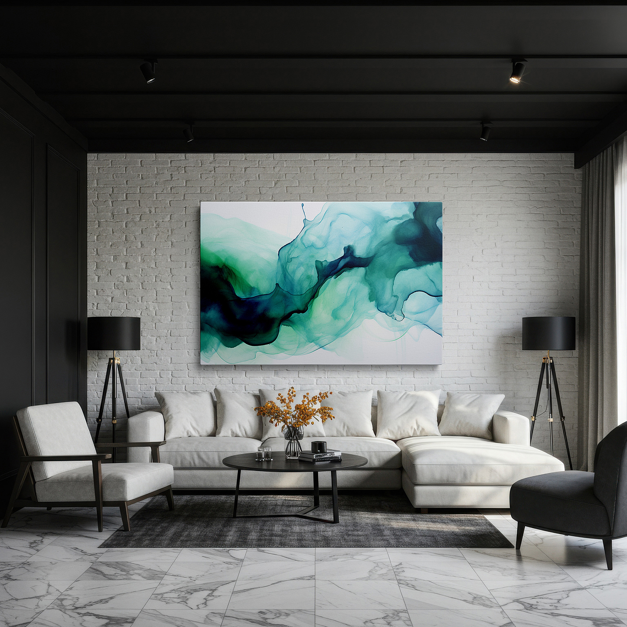 Gently illuminated by ambient lighting in an entryway — vibrant teal and green shades elegantly sweep over the canvas in a radiant exhibition of abstract expressionism, large wall art, canvas wall art, wall art