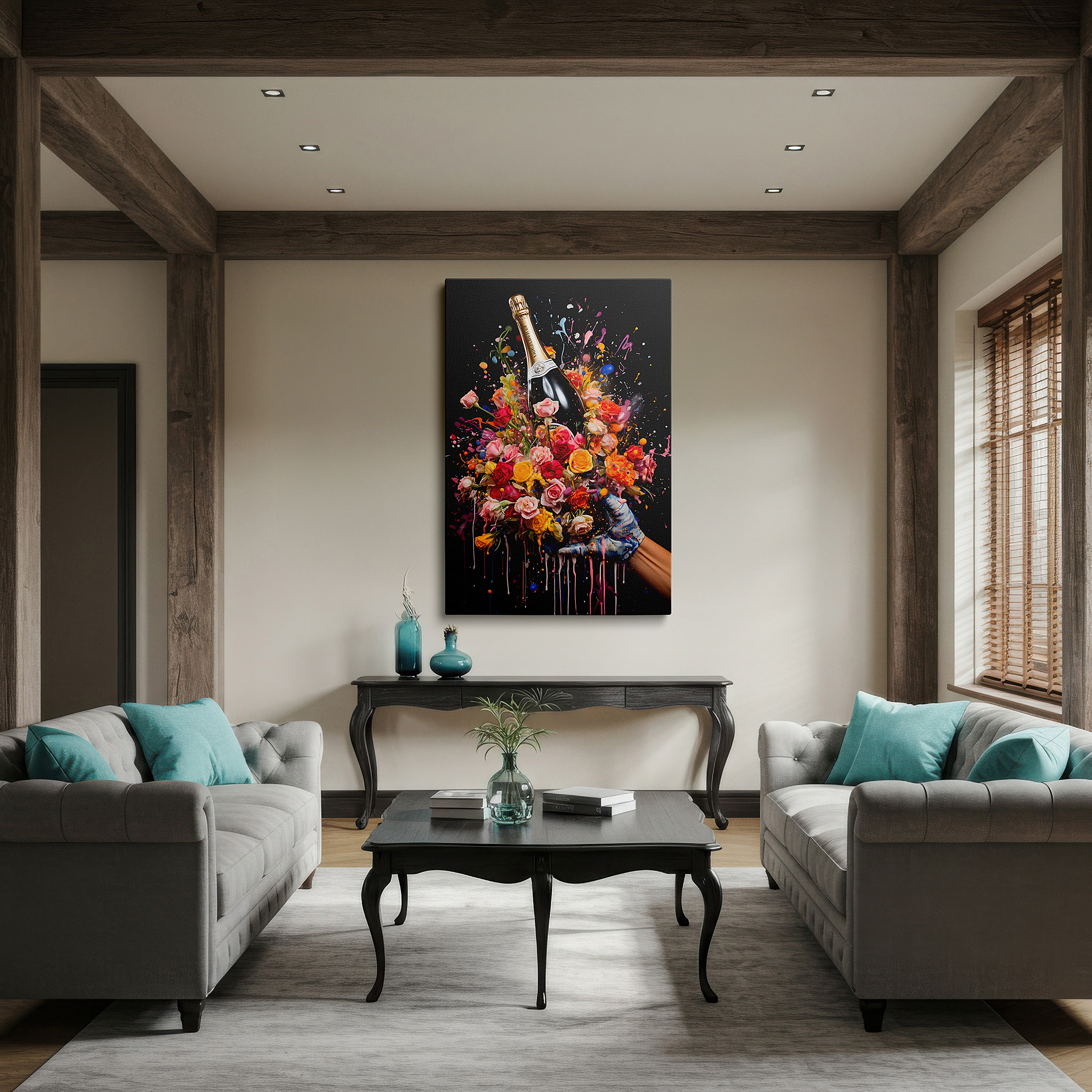 Gently illuminated by ambient lighting in an entryway — wall art: a celebration of life with champagne and vibrant bursts of joy and creativity - large canvas wall art for office and bedroom decor