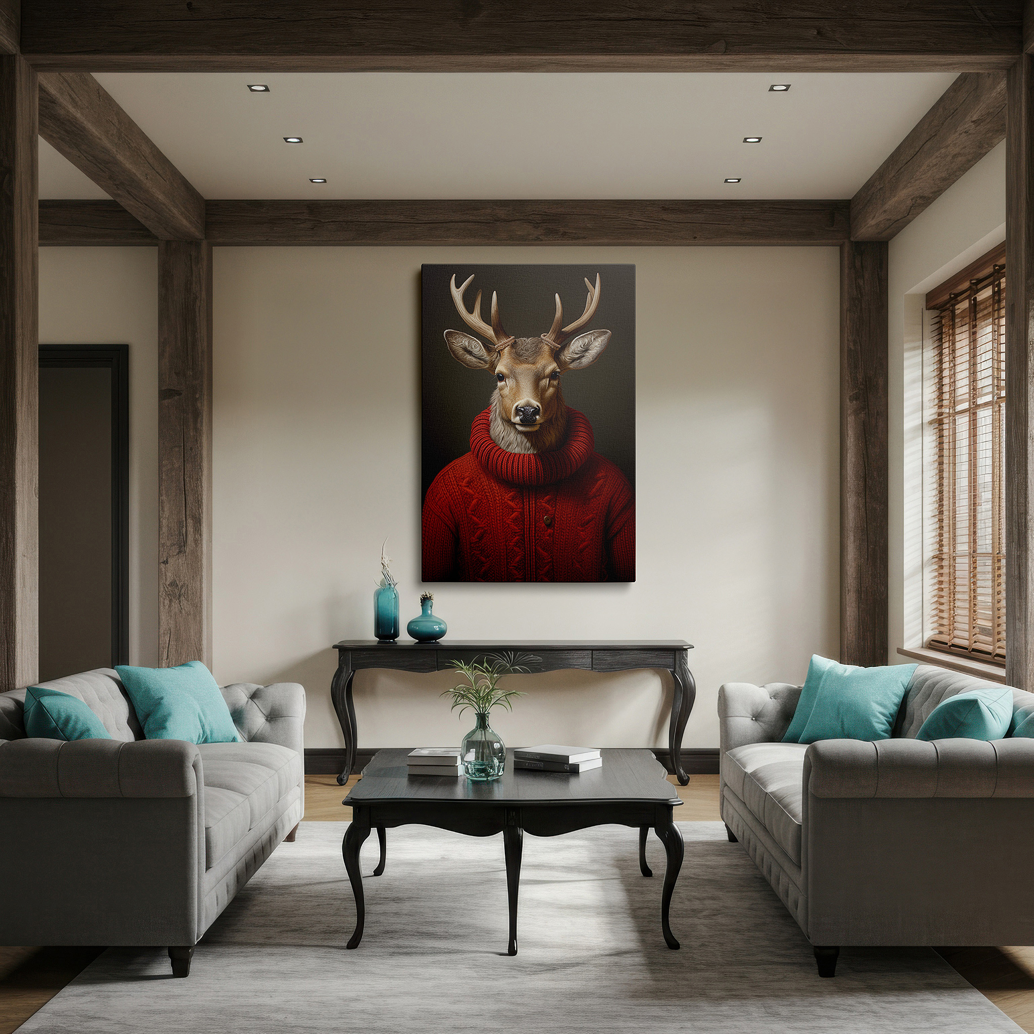 Gently illuminated by ambient lighting in an entryway — wall art: enchanting deer in a red sweater surrounded by gentle forest - a playful fusion of nature and comfort. large canvas wall art for home and office decor.