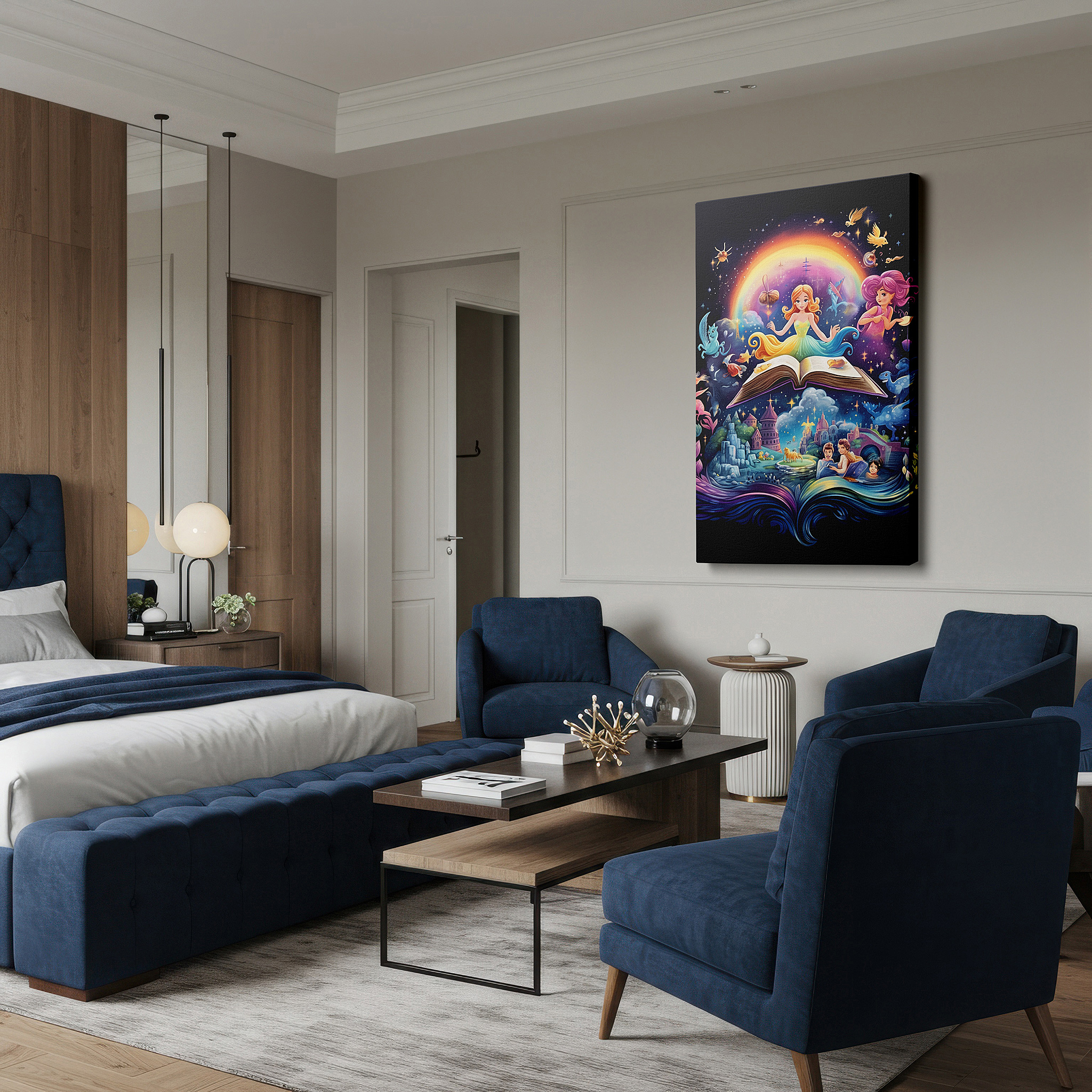 Gently illuminated by ambient lighting in an entryway — wall art: enchanting scene of a girl levitating over a book, unleashing magic and wonder - large canvas for home and office decor, perfect for living rooms and bedrooms.
